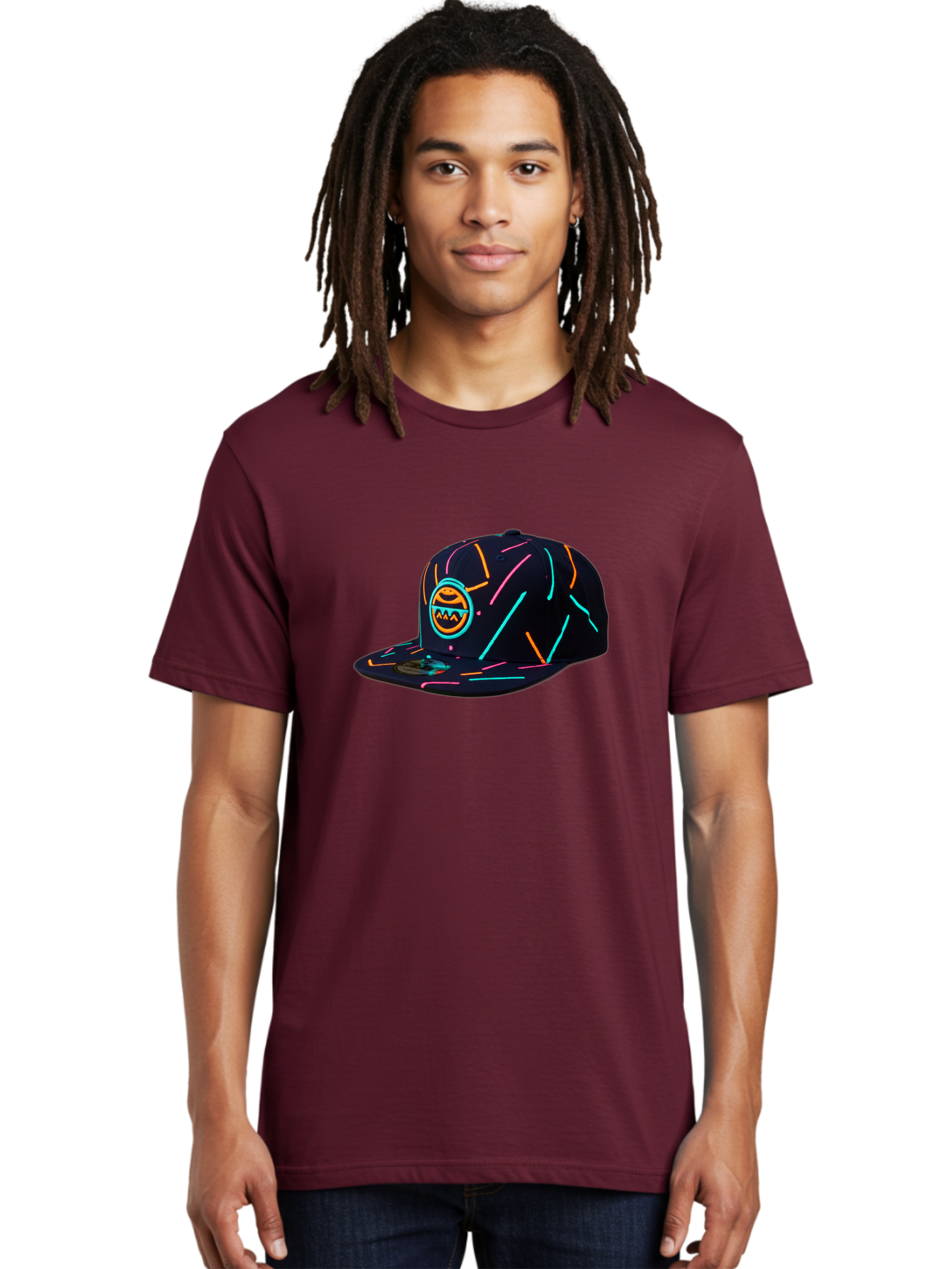 Pacman-Baseball-Cap Men'S Graphic Tee, 100% Cotton, Comfortable Casual Summer Wear, Machine Washable, Black Baseball Cap, Neon Lines, Neon Logo, Streetwear Fashion, Casual Style, Baseball Cap Design, Trendy Accessory, Neon Light, Orange, Blue, Bad390