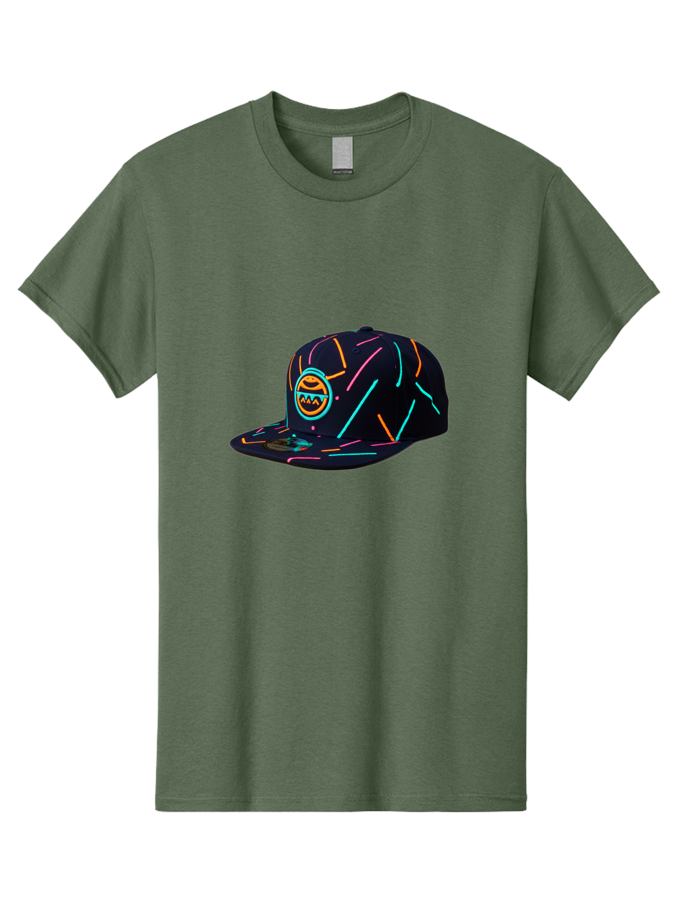 Pacman-Baseball-Cap Men'S Graphic Tee, 100% Cotton, Comfortable Casual Summer Wear, Machine Washable, Black Baseball Cap, Neon Lines, Neon Logo, Streetwear Fashion, Casual Style, Baseball Cap Design, Trendy Accessory, Neon Light, Orange, Blue, Bad390