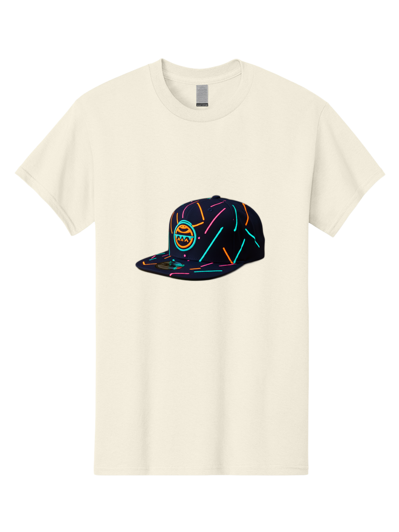 Pacman-Baseball-Cap Men'S Graphic Tee, 100% Cotton, Comfortable Casual Summer Wear, Machine Washable, Black Baseball Cap, Neon Lines, Neon Logo, Streetwear Fashion, Casual Style, Baseball Cap Design, Trendy Accessory, Neon Light, Orange, Blue, Bad390