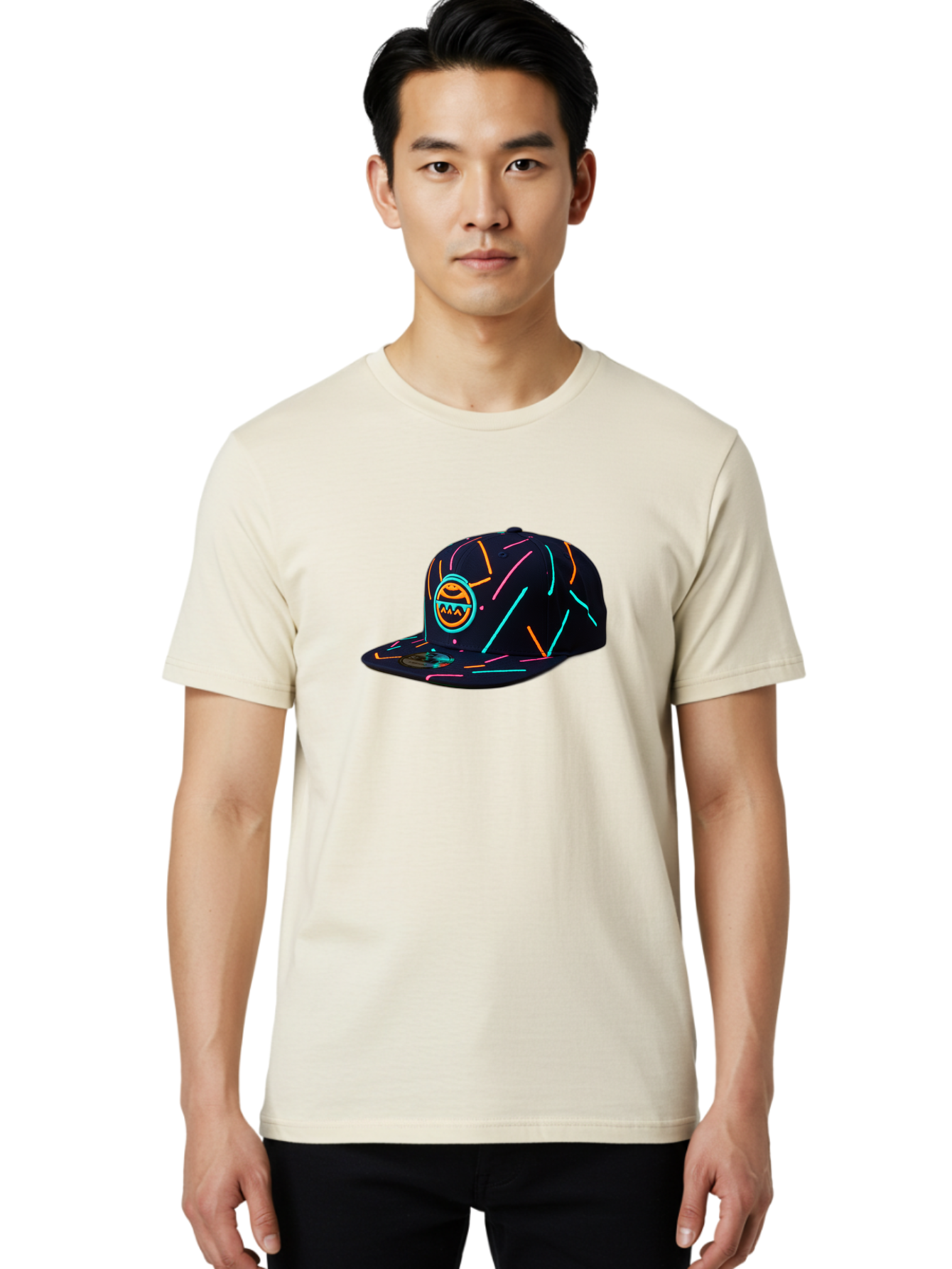 Pacman-Baseball-Cap Men'S Graphic Tee, 100% Cotton, Comfortable Casual Summer Wear, Machine Washable, Black Baseball Cap, Neon Lines, Neon Logo, Streetwear Fashion, Casual Style, Baseball Cap Design, Trendy Accessory, Neon Light, Orange, Blue, Bad390
