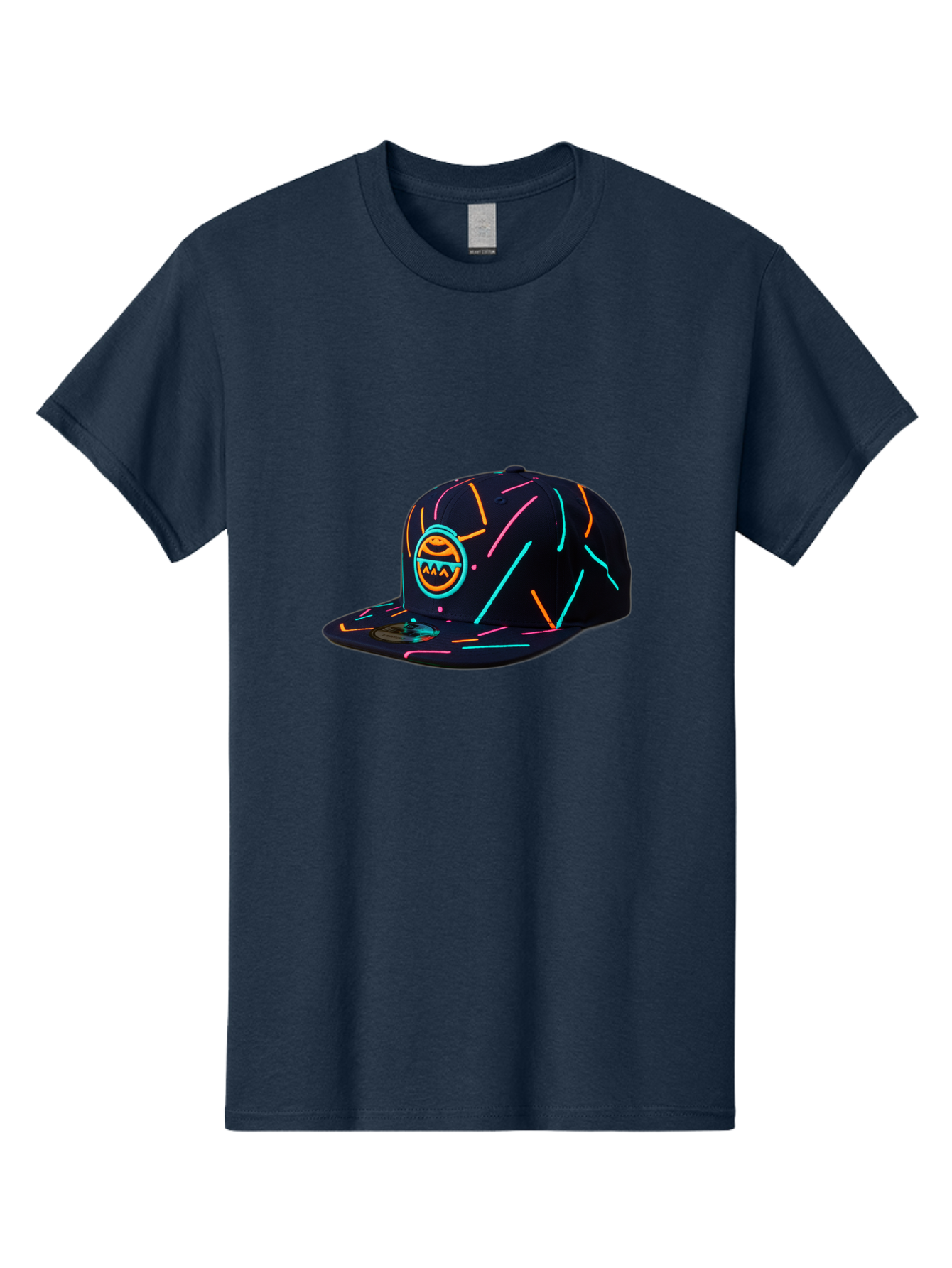 Pacman-Baseball-Cap Men'S Graphic Tee, 100% Cotton, Comfortable Casual Summer Wear, Machine Washable, Black Baseball Cap, Neon Lines, Neon Logo, Streetwear Fashion, Casual Style, Baseball Cap Design, Trendy Accessory, Neon Light, Orange, Blue, Bad390