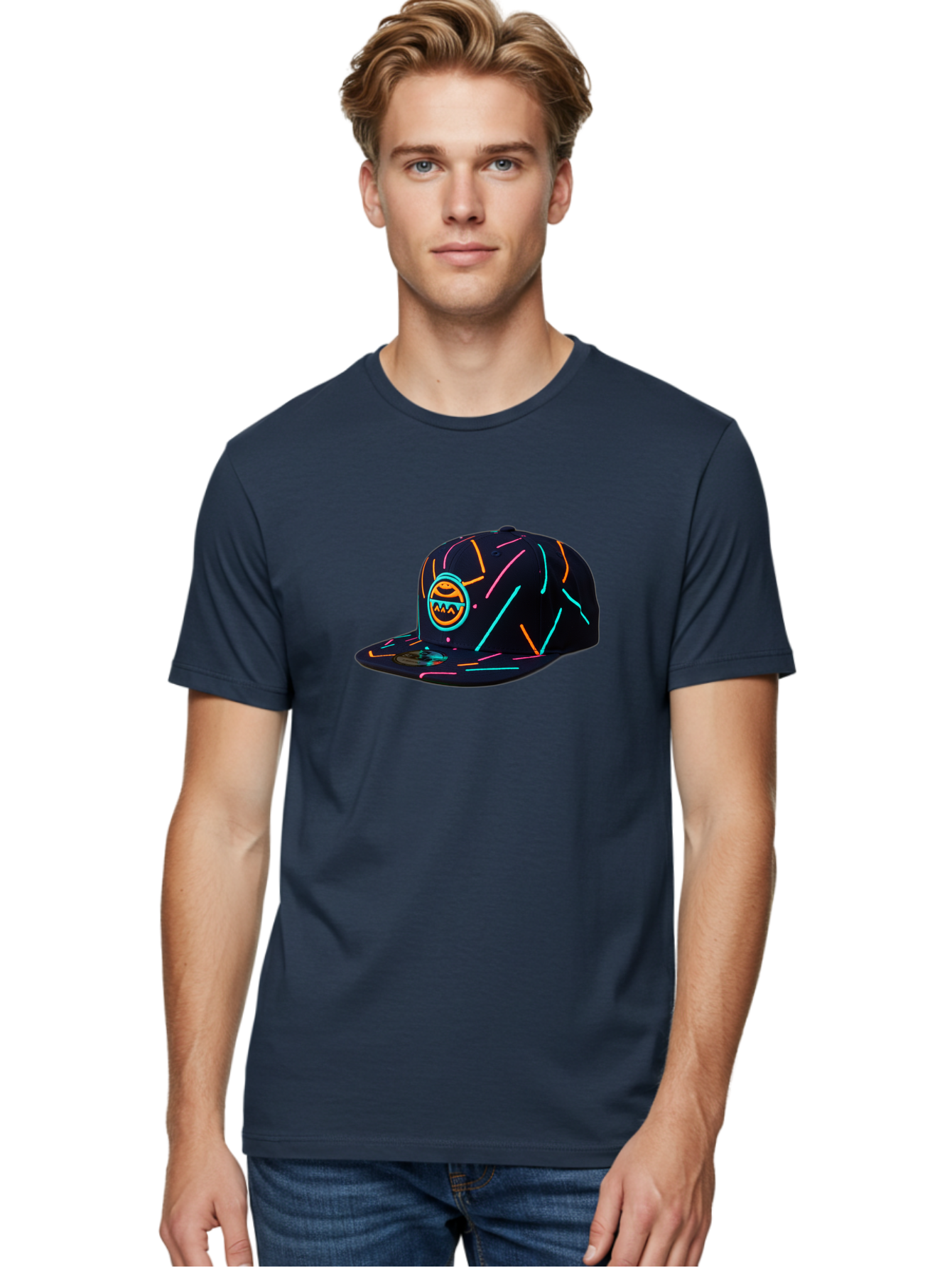 Pacman-Baseball-Cap Men'S Graphic Tee, 100% Cotton, Comfortable Casual Summer Wear, Machine Washable, Black Baseball Cap, Neon Lines, Neon Logo, Streetwear Fashion, Casual Style, Baseball Cap Design, Trendy Accessory, Neon Light, Orange, Blue, Bad390