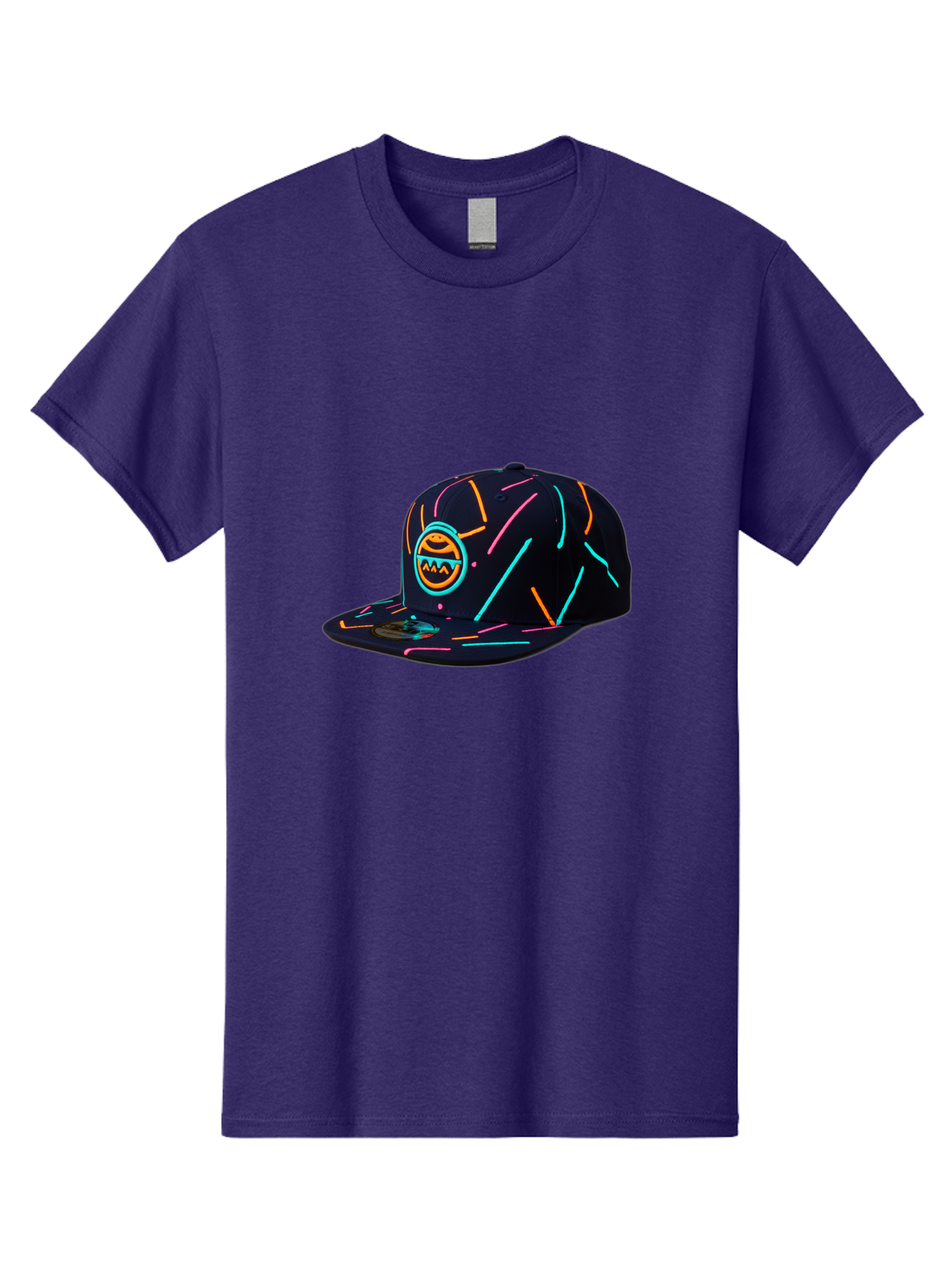 Pacman-Baseball-Cap Men'S Graphic Tee, 100% Cotton, Comfortable Casual Summer Wear, Machine Washable, Black Baseball Cap, Neon Lines, Neon Logo, Streetwear Fashion, Casual Style, Baseball Cap Design, Trendy Accessory, Neon Light, Orange, Blue, Bad390