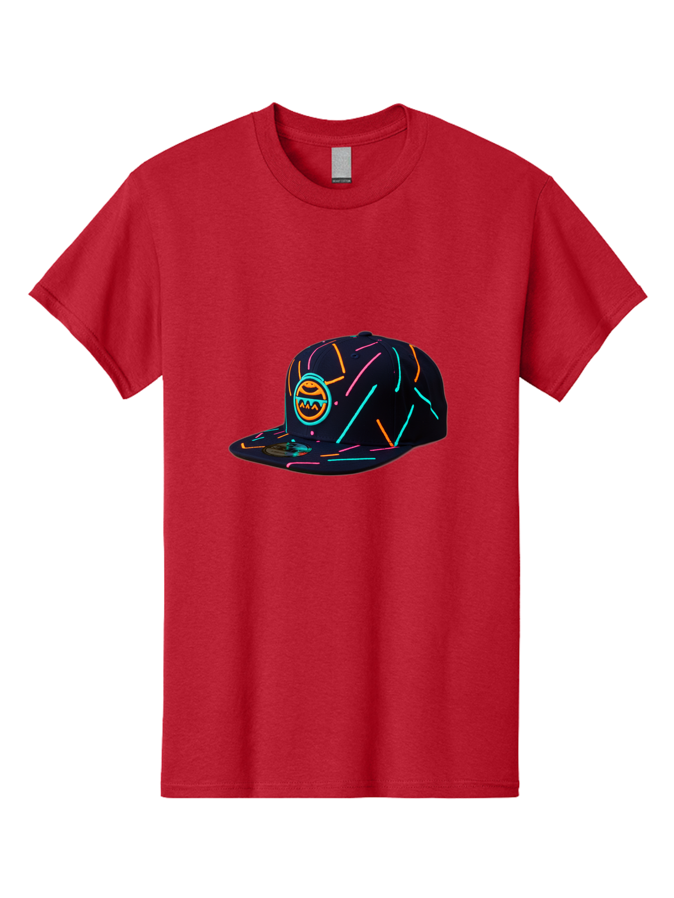 Pacman-Baseball-Cap Men'S Graphic Tee, 100% Cotton, Comfortable Casual Summer Wear, Machine Washable, Black Baseball Cap, Neon Lines, Neon Logo, Streetwear Fashion, Casual Style, Baseball Cap Design, Trendy Accessory, Neon Light, Orange, Blue, Bad390