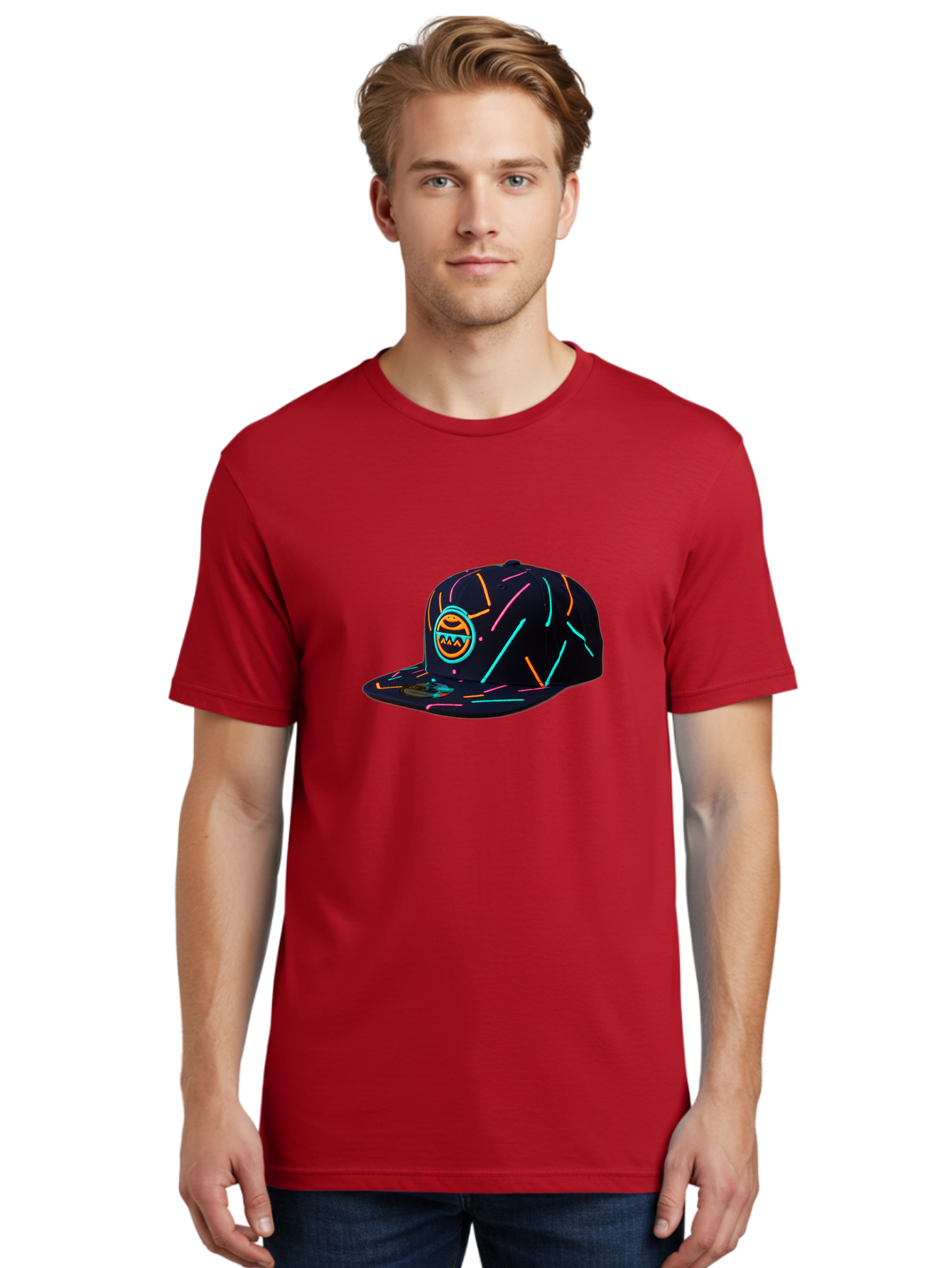Pacman-Baseball-Cap Men'S Graphic Tee, 100% Cotton, Comfortable Casual Summer Wear, Machine Washable, Black Baseball Cap, Neon Lines, Neon Logo, Streetwear Fashion, Casual Style, Baseball Cap Design, Trendy Accessory, Neon Light, Orange, Blue, Bad390
