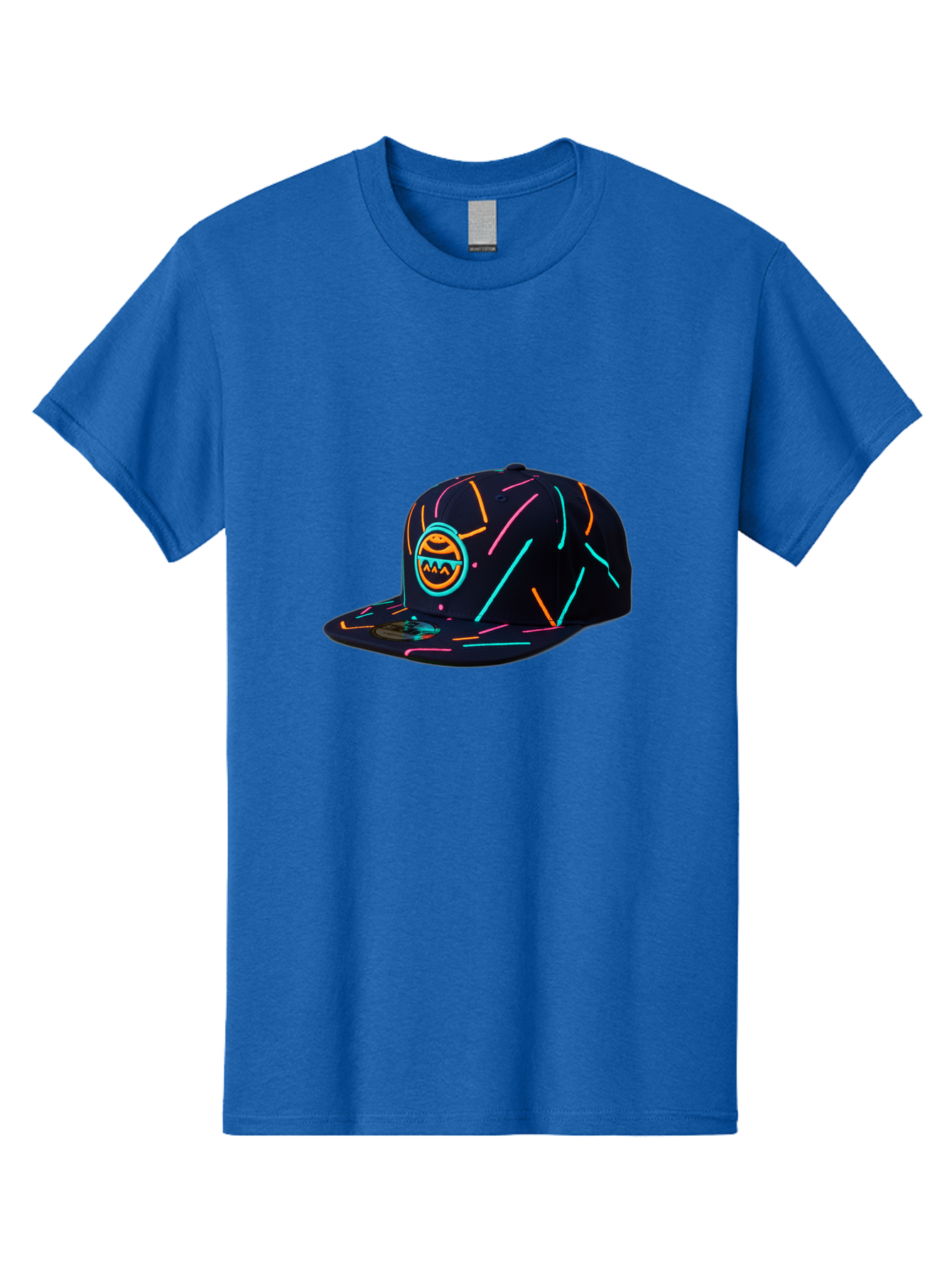 Pacman-Baseball-Cap Men'S Graphic Tee, 100% Cotton, Comfortable Casual Summer Wear, Machine Washable, Black Baseball Cap, Neon Lines, Neon Logo, Streetwear Fashion, Casual Style, Baseball Cap Design, Trendy Accessory, Neon Light, Orange, Blue, Bad390