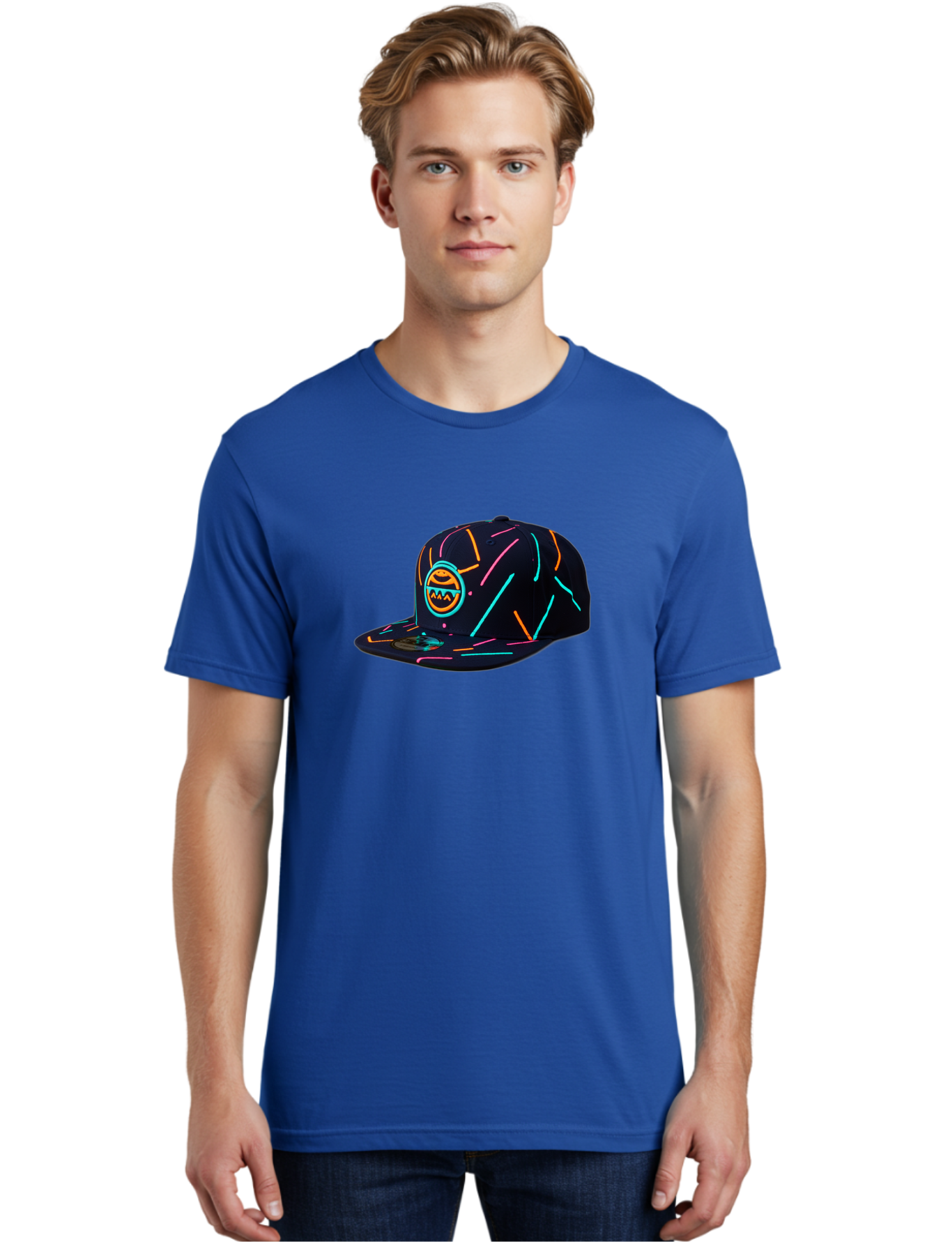 Pacman-Baseball-Cap Men'S Graphic Tee, 100% Cotton, Comfortable Casual Summer Wear, Machine Washable, Black Baseball Cap, Neon Lines, Neon Logo, Streetwear Fashion, Casual Style, Baseball Cap Design, Trendy Accessory, Neon Light, Orange, Blue, Bad390