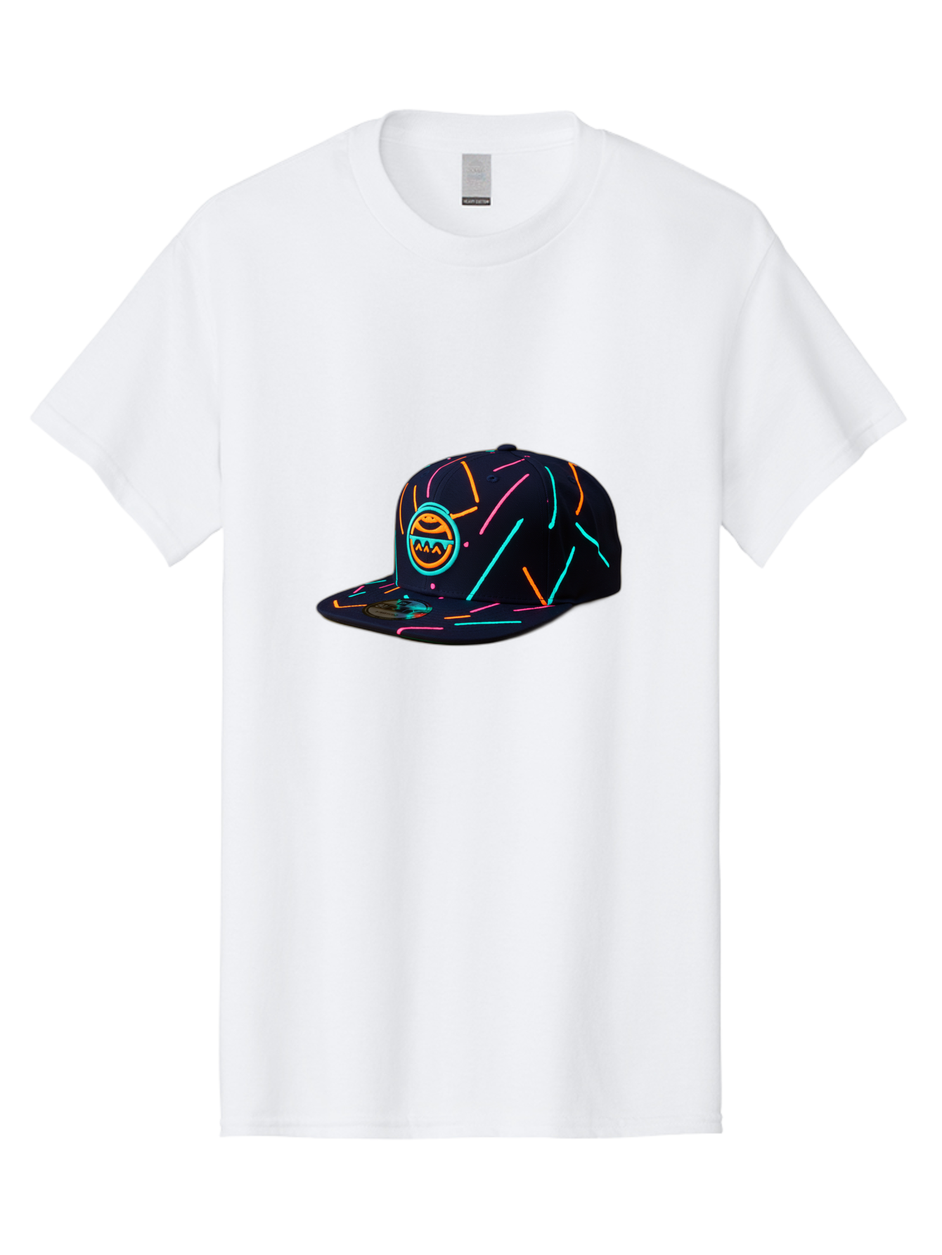 Pacman-Baseball-Cap Men'S Graphic Tee, 100% Cotton, Comfortable Casual Summer Wear, Machine Washable, Black Baseball Cap, Neon Lines, Neon Logo, Streetwear Fashion, Casual Style, Baseball Cap Design, Trendy Accessory, Neon Light, Orange, Blue, Bad390