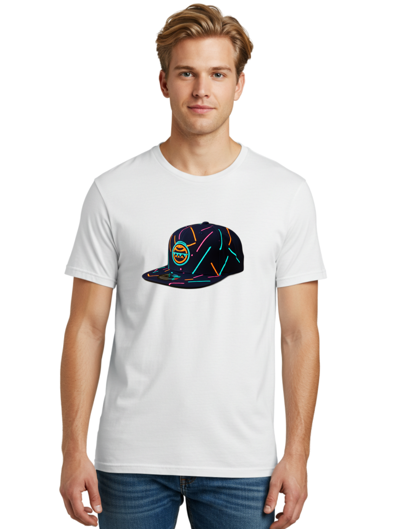 Pacman-Baseball-Cap Men'S Graphic Tee, 100% Cotton, Comfortable Casual Summer Wear, Machine Washable, Black Baseball Cap, Neon Lines, Neon Logo, Streetwear Fashion, Casual Style, Baseball Cap Design, Trendy Accessory, Neon Light, Orange, Blue, Bad390