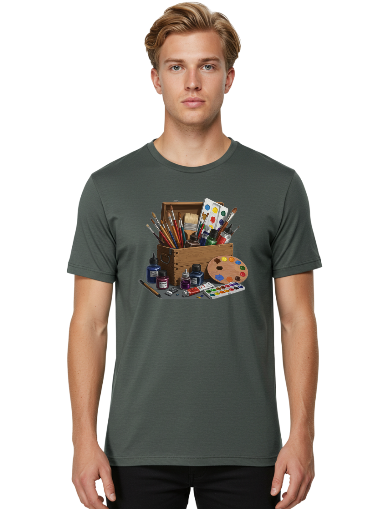 Paintbox Men'S Graphic Tee, 100% Cotton, Comfortable Casual Summer Wear, Machine Washable, Art Supplies, Paintbrushes, Paint Bottles, Palette, Artistic Creativity, Colorful Paints, Painting Tools, Artistic Expression, Art Materials, Bad396