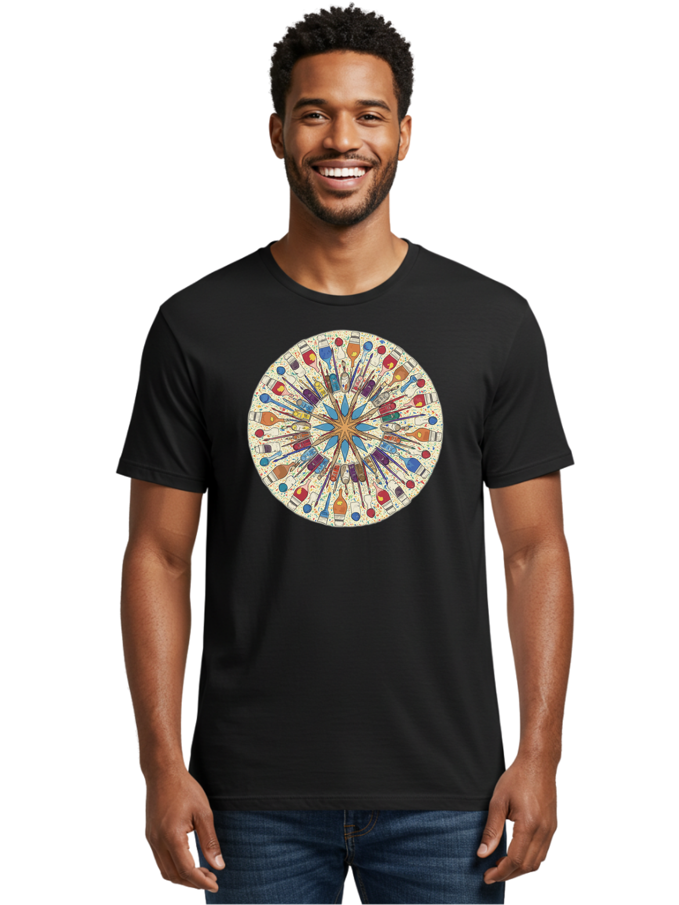 Paints-And-Brushes Men'S Graphic Tee, 100% Cotton, Comfortable Casual Summer Wear, Machine Washable, Mandala Art, Paint Bottles, Paint Brushes, Artistic Creativity, Vibrant Colors, Artistic Expression, Creative Design, Art Supplies, Bad398