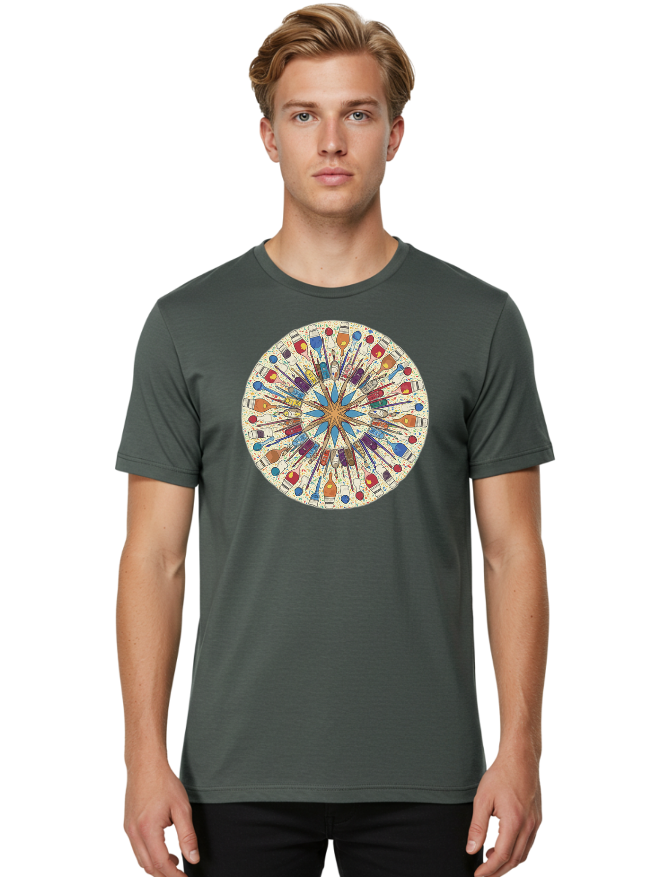 Paints-And-Brushes Men'S Graphic Tee, 100% Cotton, Comfortable Casual Summer Wear, Machine Washable, Mandala Art, Paint Bottles, Paint Brushes, Artistic Creativity, Vibrant Colors, Artistic Expression, Creative Design, Art Supplies, Bad398