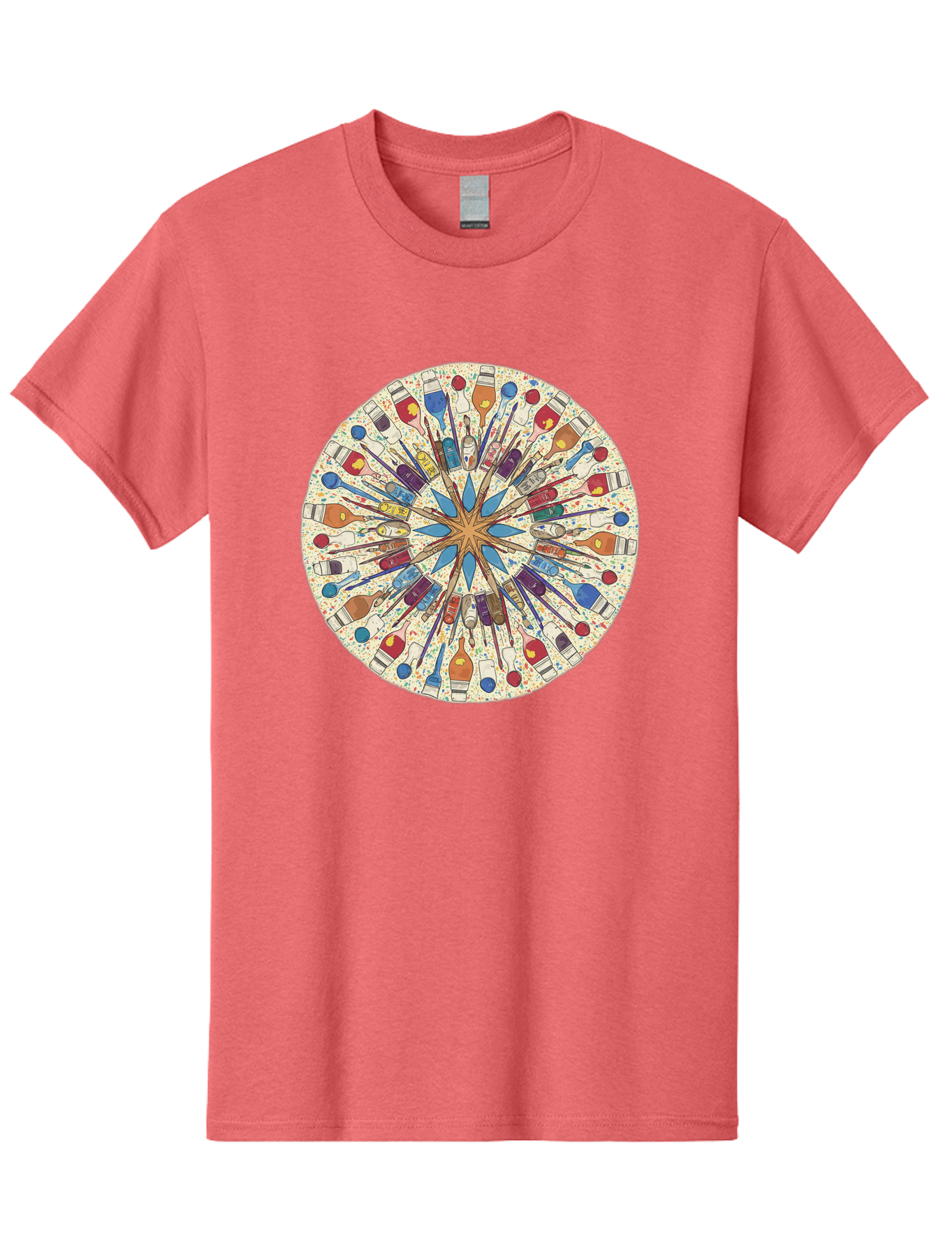 Paints-And-Brushes Men'S Graphic Tee, 100% Cotton, Comfortable Casual Summer Wear, Machine Washable, Mandala Art, Paint Bottles, Paint Brushes, Artistic Creativity, Vibrant Colors, Artistic Expression, Creative Design, Art Supplies, Bad398