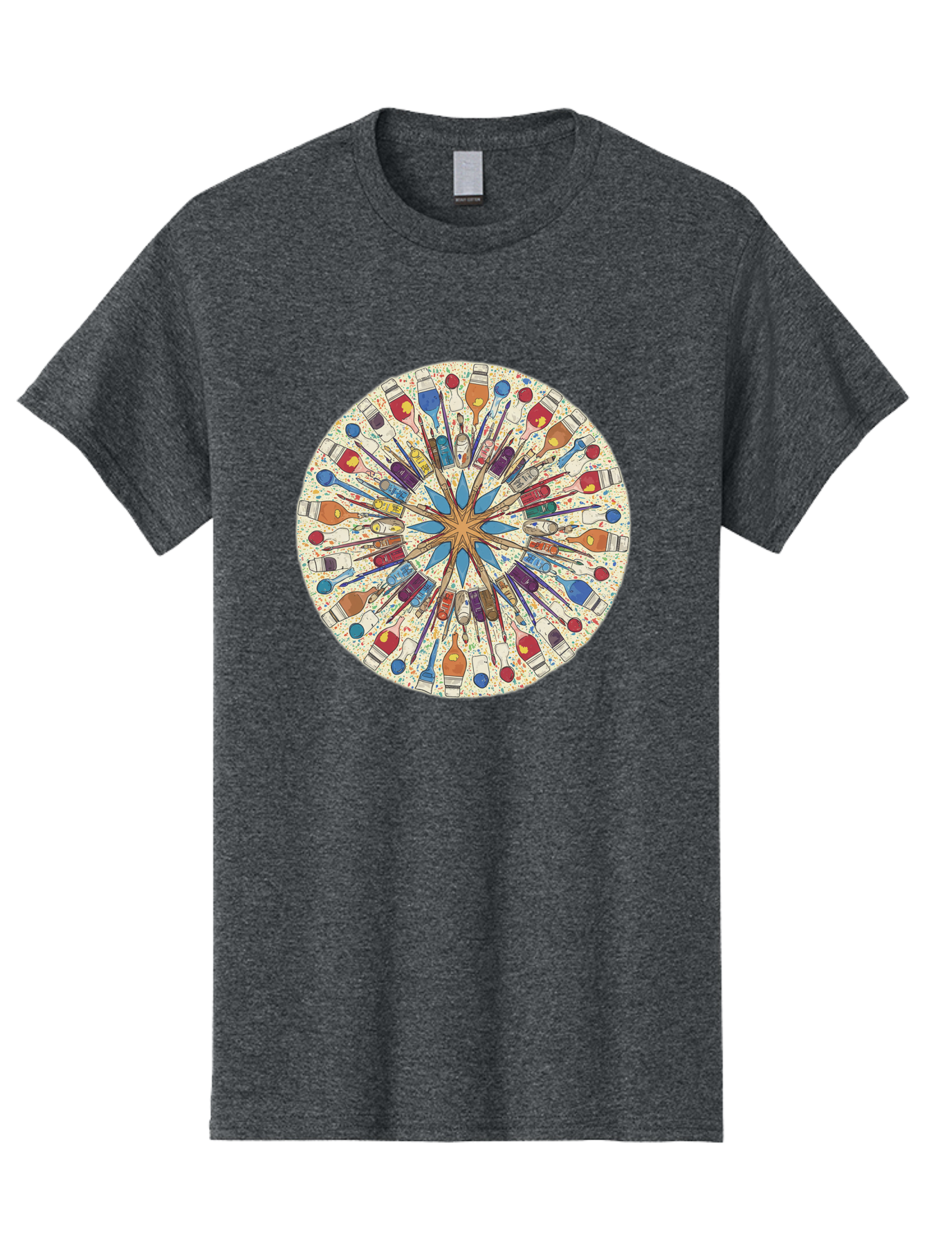 Paints-And-Brushes Men'S Graphic Tee, 100% Cotton, Comfortable Casual Summer Wear, Machine Washable, Mandala Art, Paint Bottles, Paint Brushes, Artistic Creativity, Vibrant Colors, Artistic Expression, Creative Design, Art Supplies, Bad398