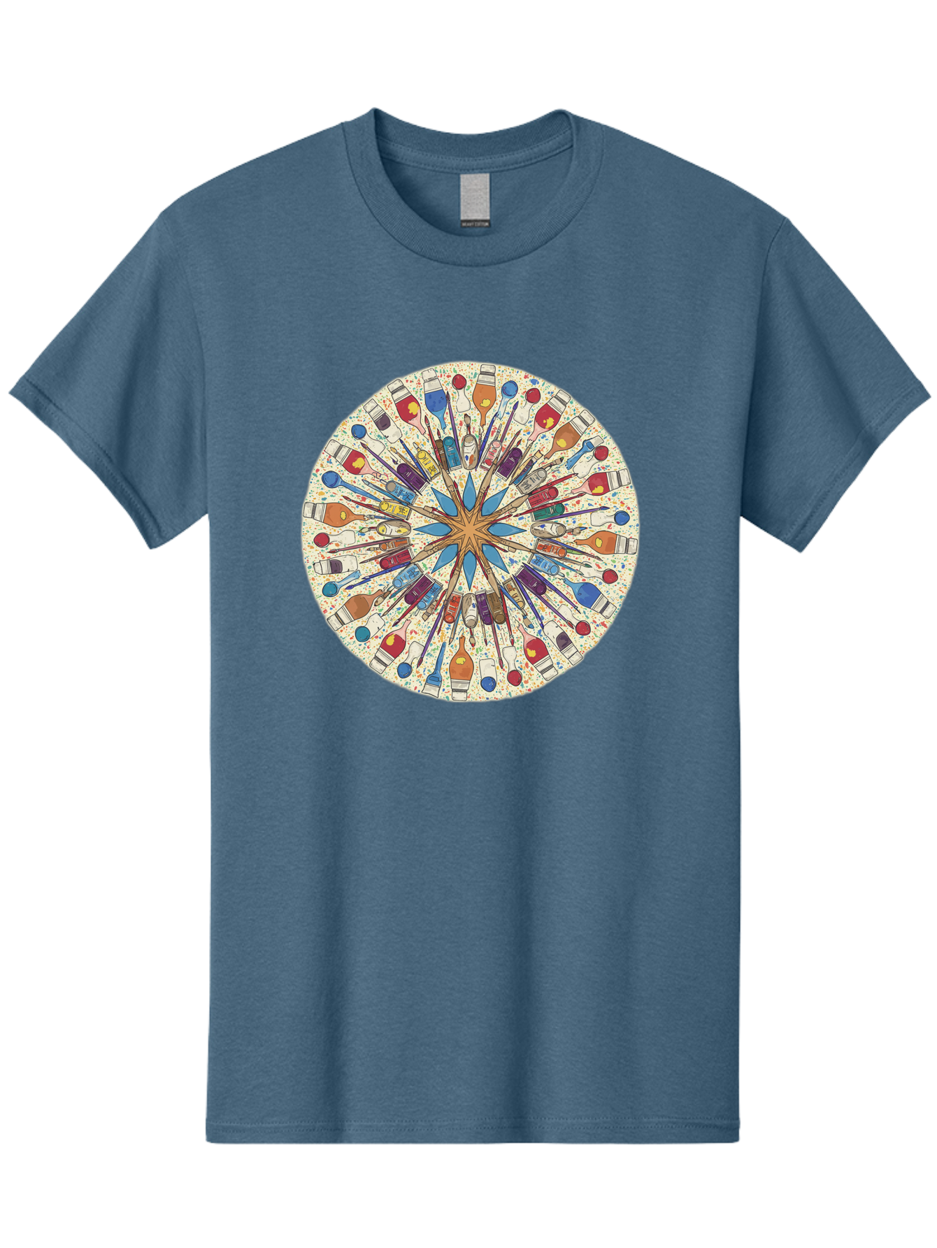 Paints-And-Brushes Men'S Graphic Tee, 100% Cotton, Comfortable Casual Summer Wear, Machine Washable, Mandala Art, Paint Bottles, Paint Brushes, Artistic Creativity, Vibrant Colors, Artistic Expression, Creative Design, Art Supplies, Bad398