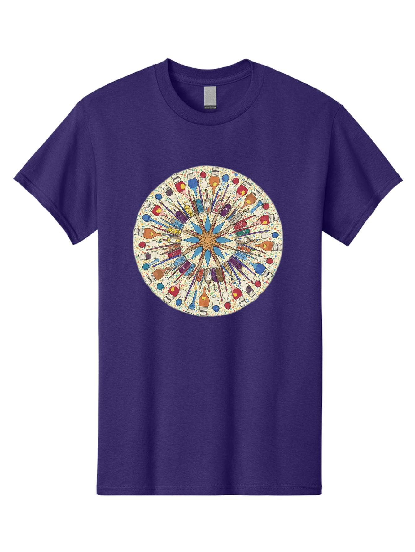 Paints-And-Brushes Men'S Graphic Tee, 100% Cotton, Comfortable Casual Summer Wear, Machine Washable, Mandala Art, Paint Bottles, Paint Brushes, Artistic Creativity, Vibrant Colors, Artistic Expression, Creative Design, Art Supplies, Bad398