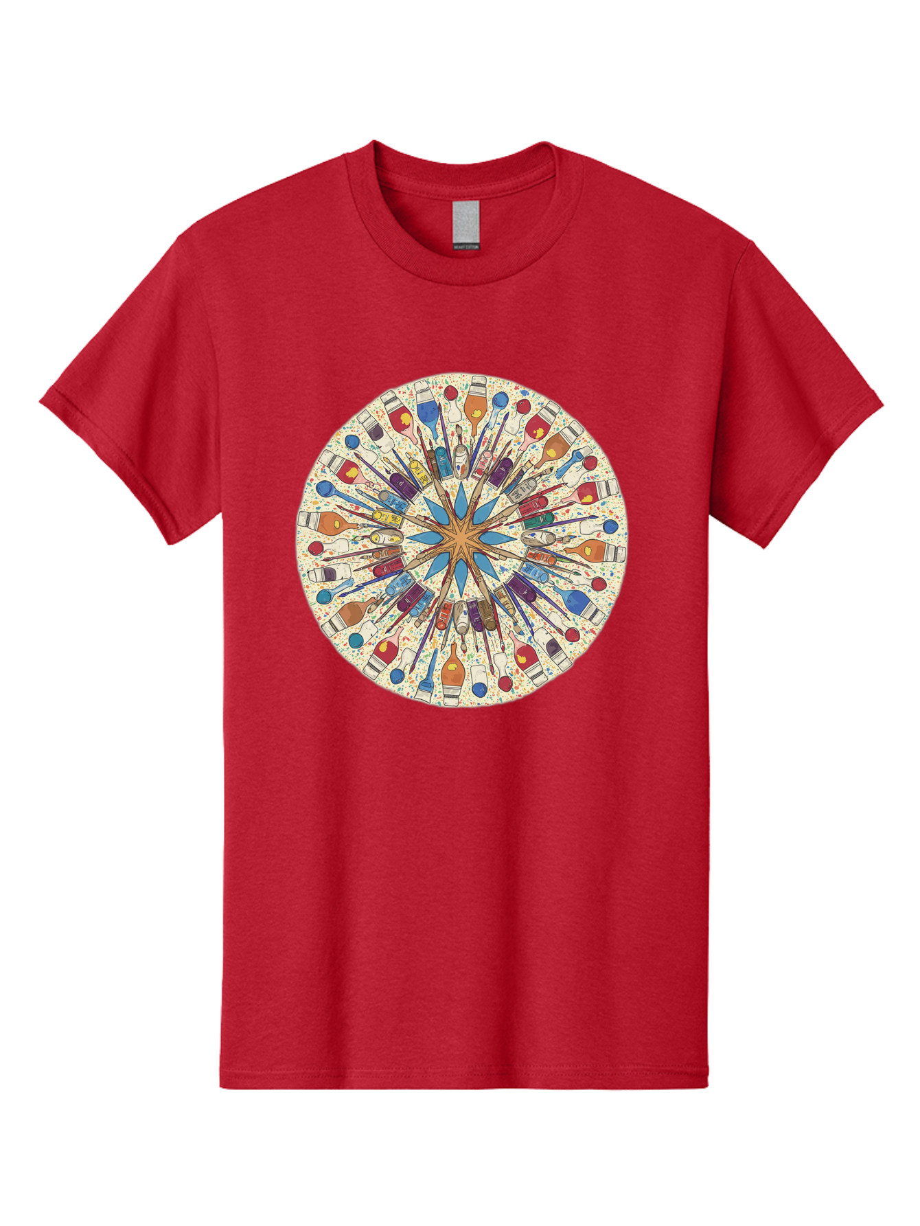 Paints-And-Brushes Men'S Graphic Tee, 100% Cotton, Comfortable Casual Summer Wear, Machine Washable, Mandala Art, Paint Bottles, Paint Brushes, Artistic Creativity, Vibrant Colors, Artistic Expression, Creative Design, Art Supplies, Bad398