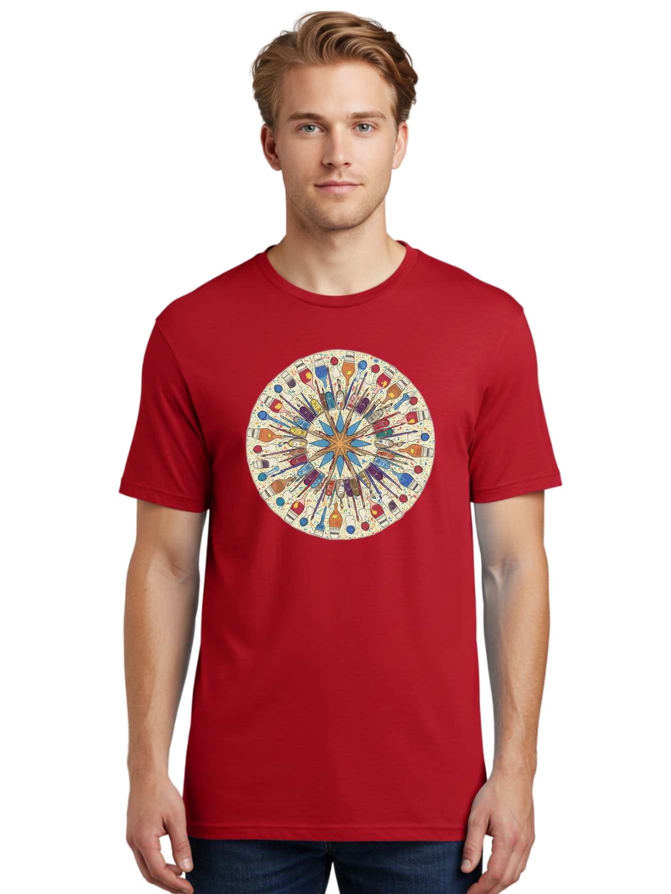Paints-And-Brushes Men'S Graphic Tee, 100% Cotton, Comfortable Casual Summer Wear, Machine Washable, Mandala Art, Paint Bottles, Paint Brushes, Artistic Creativity, Vibrant Colors, Artistic Expression, Creative Design, Art Supplies, Bad398
