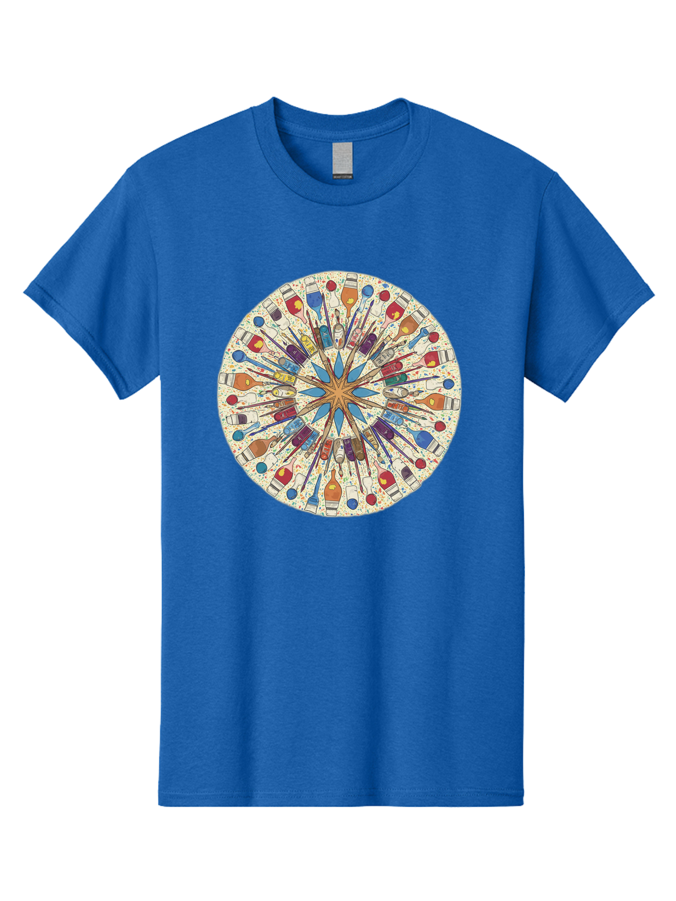 Paints-And-Brushes Men'S Graphic Tee, 100% Cotton, Comfortable Casual Summer Wear, Machine Washable, Mandala Art, Paint Bottles, Paint Brushes, Artistic Creativity, Vibrant Colors, Artistic Expression, Creative Design, Art Supplies, Bad398
