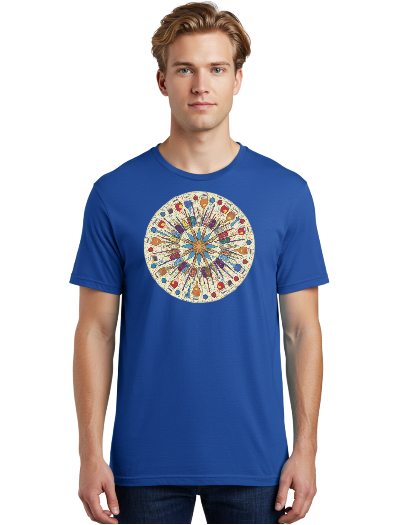 Paints-And-Brushes Men'S Graphic Tee, 100% Cotton, Comfortable Casual Summer Wear, Machine Washable, Mandala Art, Paint Bottles, Paint Brushes, Artistic Creativity, Vibrant Colors, Artistic Expression, Creative Design, Art Supplies, Bad398