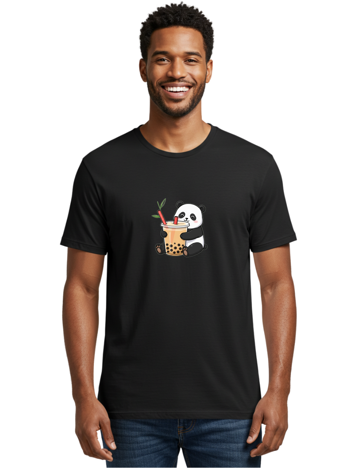 Panda-Bubble-Tea Men'S Graphic Tee, 100% Cotton, Comfortable Casual Summer Wear, Machine Washable, Cute Panda, Bubble Tea, Boba, Kawaii, Cartoon Character, Adorable, Tea Drink, Straw, Black Boba, Milk Tea, Happy Panda, Tea Lover, Boba Lover Bad399