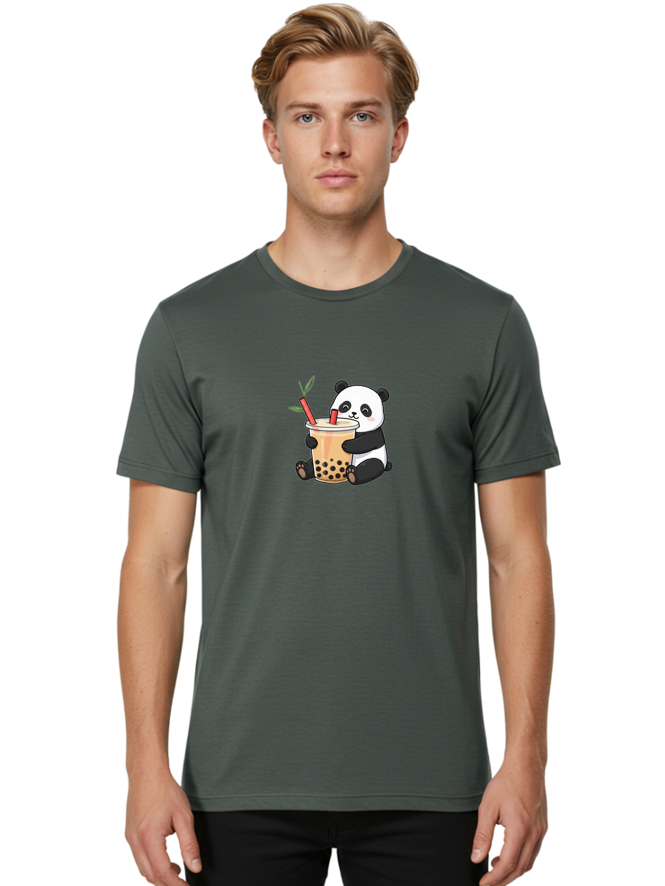 Panda-Bubble-Tea Men'S Graphic Tee, 100% Cotton, Comfortable Casual Summer Wear, Machine Washable, Cute Panda, Bubble Tea, Boba, Kawaii, Cartoon Character, Adorable, Tea Drink, Straw, Black Boba, Milk Tea, Happy Panda, Tea Lover, Boba Lover Bad399