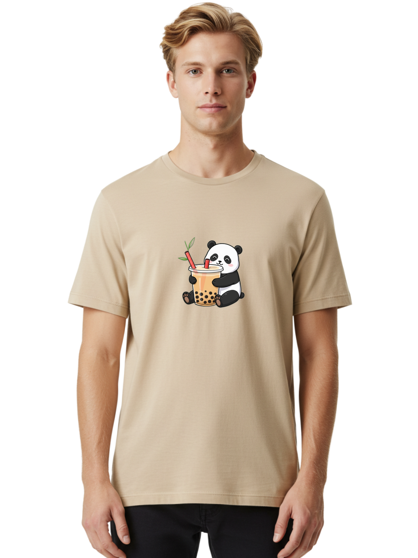 Panda-Bubble-Tea Men'S Graphic Tee, 100% Cotton, Comfortable Casual Summer Wear, Machine Washable, Cute Panda, Bubble Tea, Boba, Kawaii, Cartoon Character, Adorable, Tea Drink, Straw, Black Boba, Milk Tea, Happy Panda, Tea Lover, Boba Lover Bad399