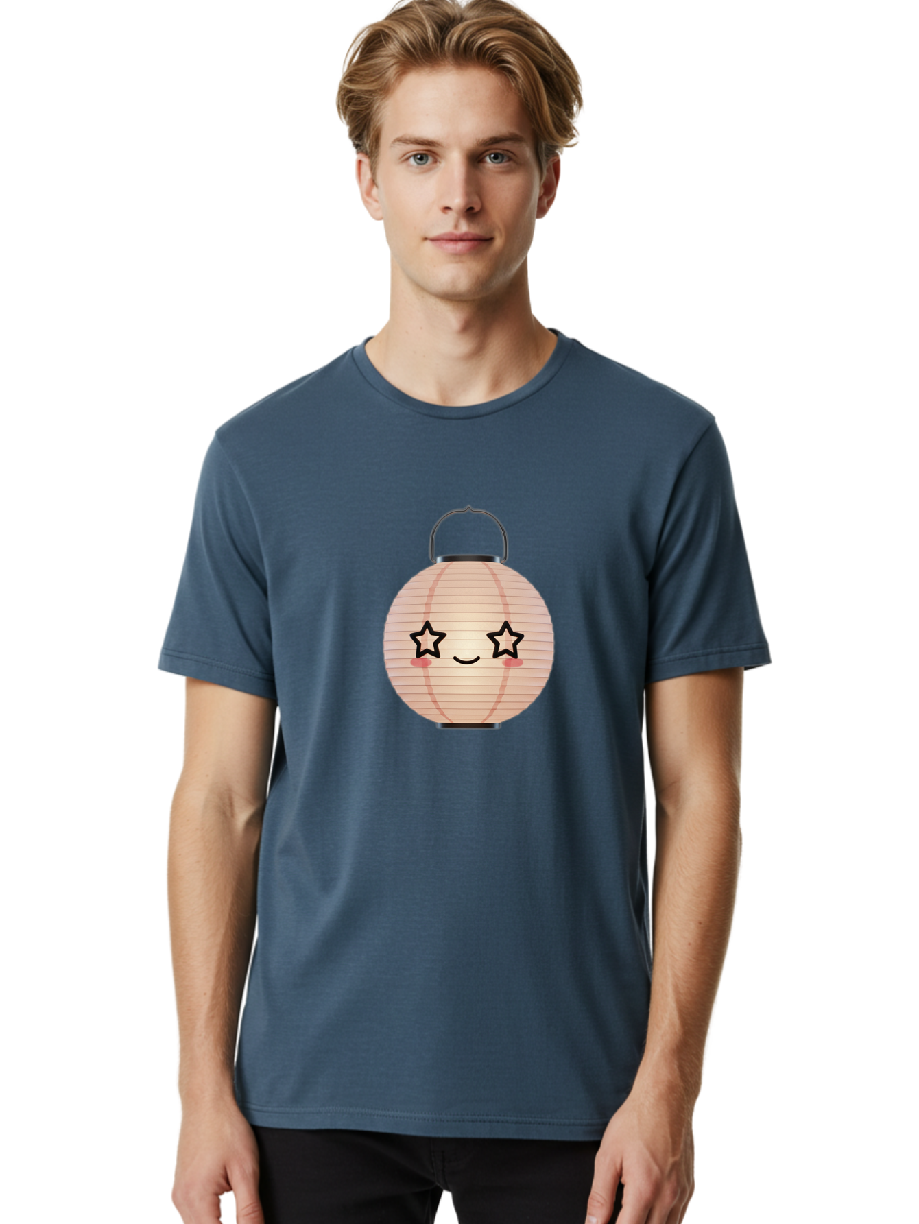 Paper-Lantern-2 Men'S Graphic Tee, 100% Cotton, Comfortable Casual Summer Wear, Machine Washable, Kawaii Paper Lantern, Cute Illustration, Smiling Face, Star Eyes, Pink Cheeks, Japanese Culture, Lantern Art, Cartoon Style, Festive Decoration Bad402