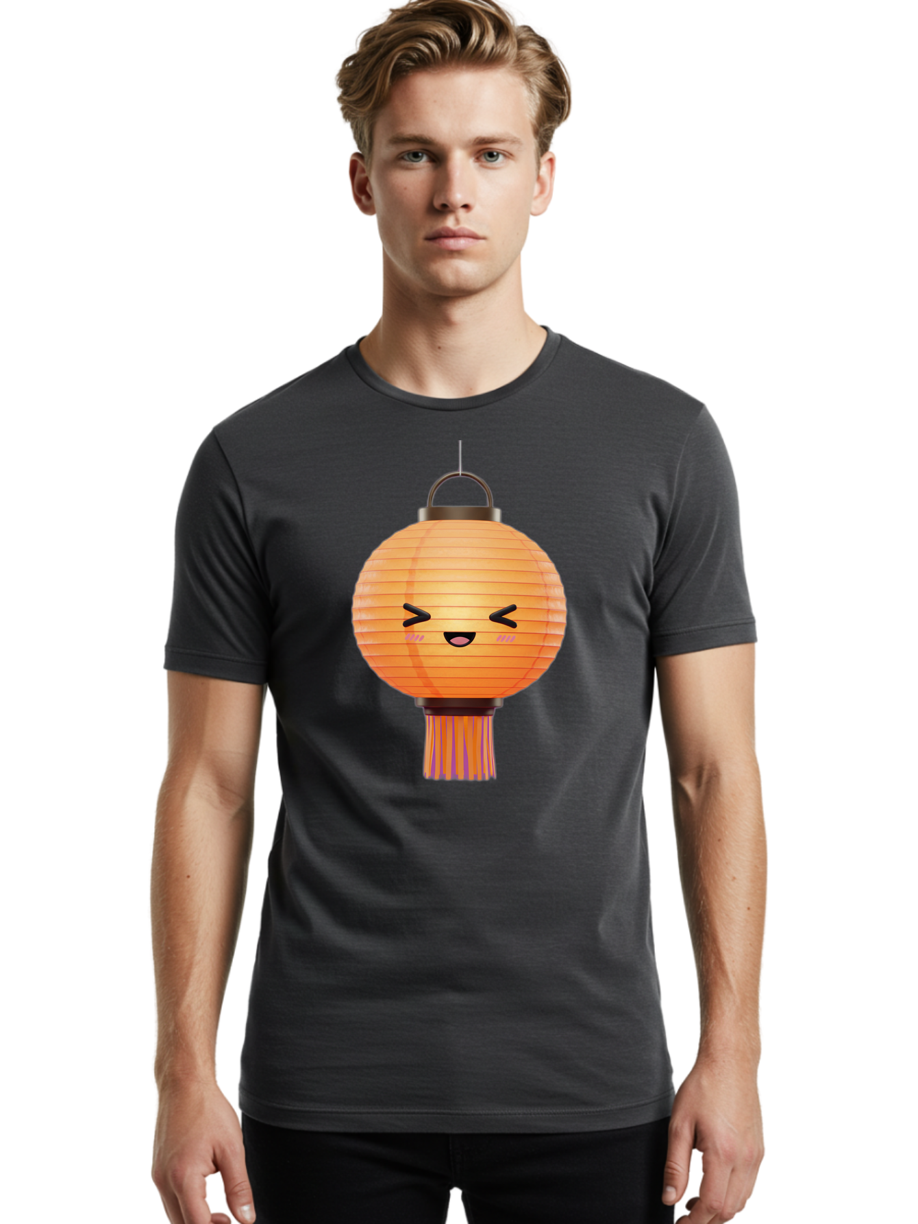 Paper-Lantern-3 Men'S Graphic Tee, 100% Cotton, Comfortable Casual Summer Wear, Machine Washable, Paper Lantern, Smiling Face, Hanging Decoration, Orange Color, Playful Design, Kawaii Style, Japanese Culture, Festive Atmosphere Bad403