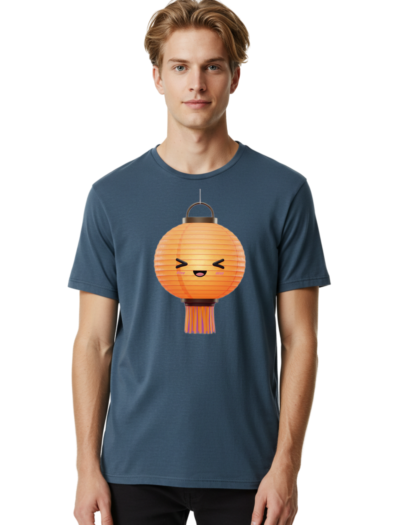 Paper-Lantern-3 Men'S Graphic Tee, 100% Cotton, Comfortable Casual Summer Wear, Machine Washable, Paper Lantern, Smiling Face, Hanging Decoration, Orange Color, Playful Design, Kawaii Style, Japanese Culture, Festive Atmosphere Bad403