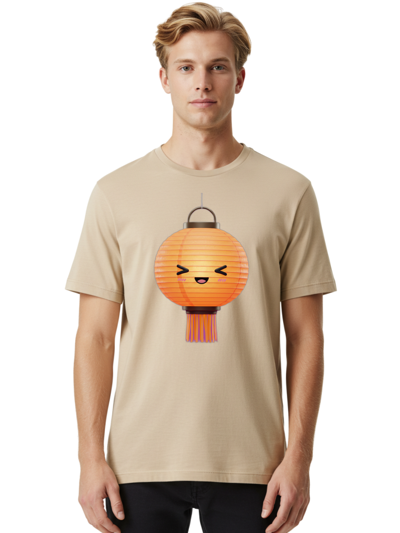 Paper-Lantern-3 Men'S Graphic Tee, 100% Cotton, Comfortable Casual Summer Wear, Machine Washable, Paper Lantern, Smiling Face, Hanging Decoration, Orange Color, Playful Design, Kawaii Style, Japanese Culture, Festive Atmosphere Bad403
