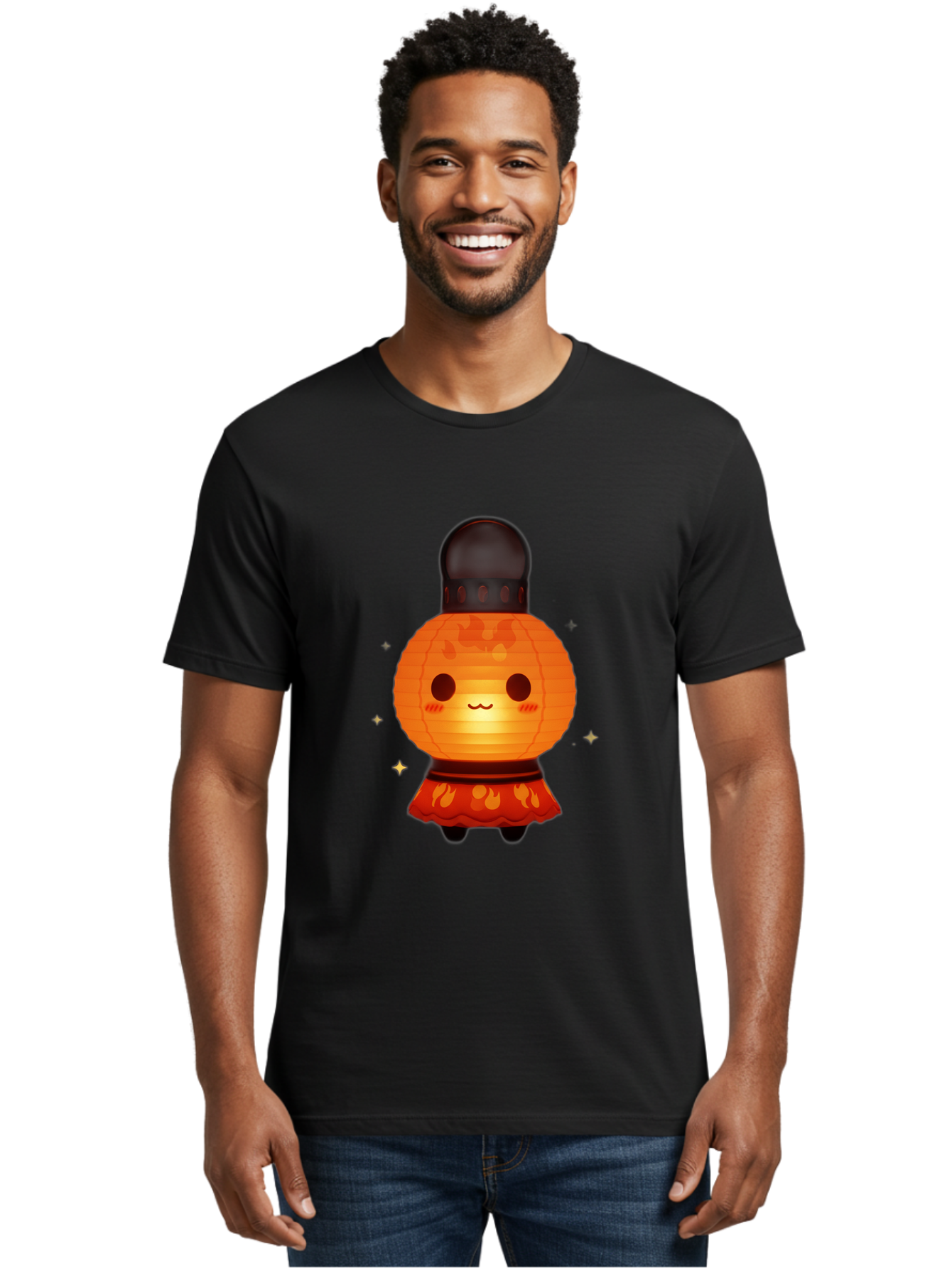 Paper-Lantern-Character-1 Men'S Graphic Tee, 100% Cotton, Comfortable Casual Summer Wear, Machine Washable, Kawaii Character, Paper Lantern, Cute Illustration, Cartoon Style, Orange Lantern, Red Skirt, Festive Atmosphere, Japanese Culture, Bad404