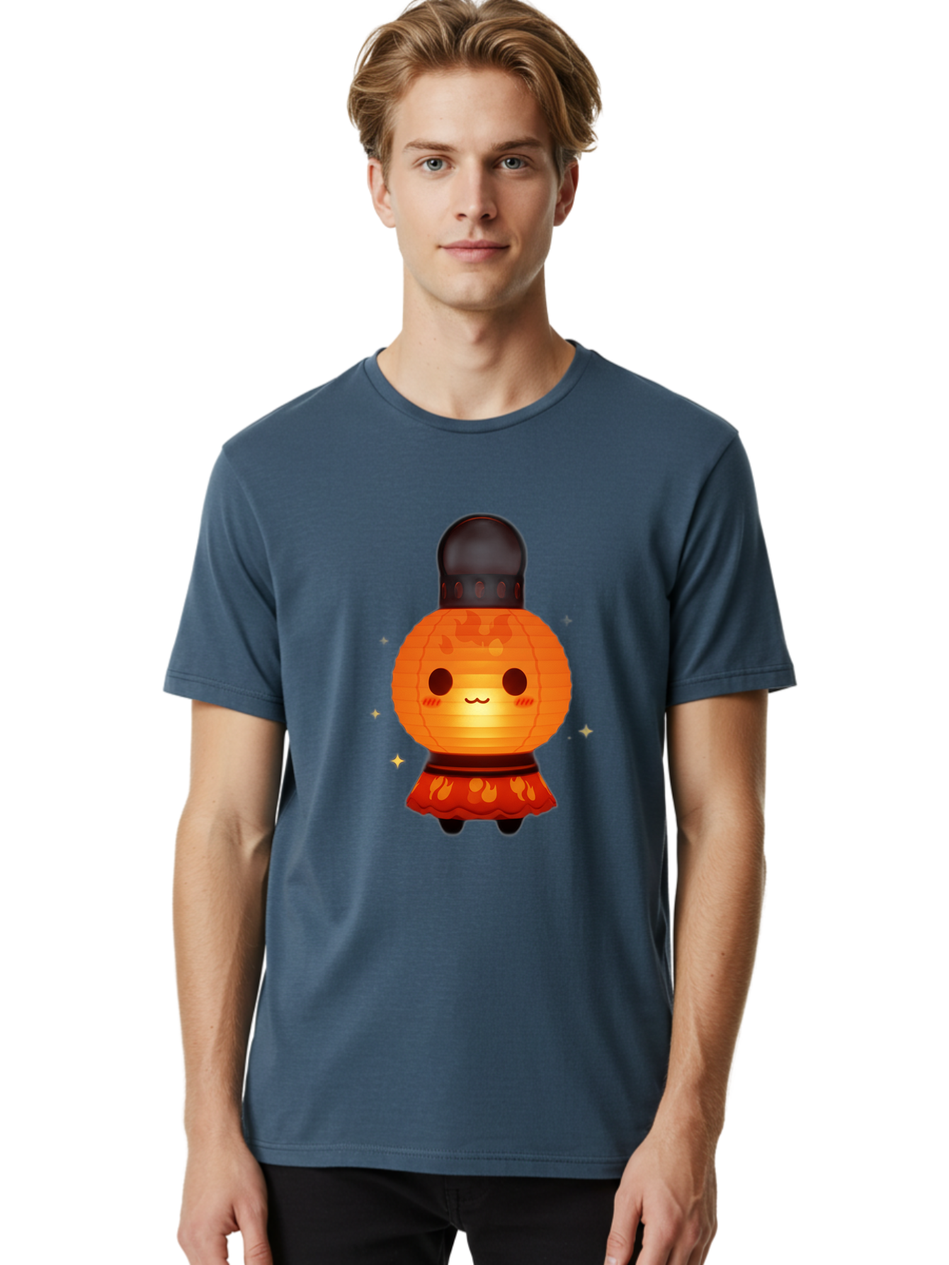 Paper-Lantern-Character-1 Men'S Graphic Tee, 100% Cotton, Comfortable Casual Summer Wear, Machine Washable, Kawaii Character, Paper Lantern, Cute Illustration, Cartoon Style, Orange Lantern, Red Skirt, Festive Atmosphere, Japanese Culture, Bad404