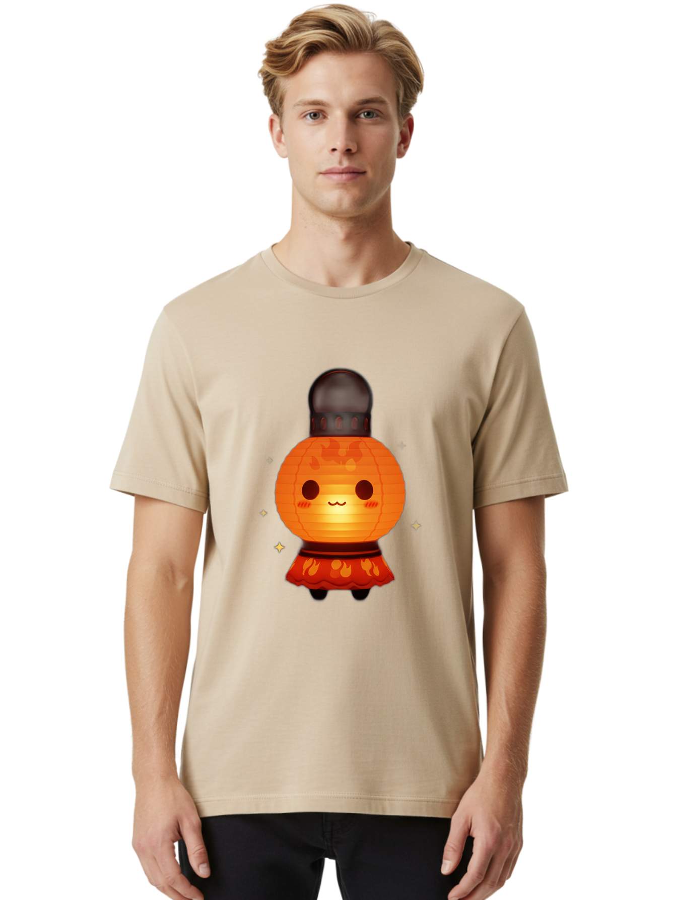 Paper-Lantern-Character-1 Men'S Graphic Tee, 100% Cotton, Comfortable Casual Summer Wear, Machine Washable, Kawaii Character, Paper Lantern, Cute Illustration, Cartoon Style, Orange Lantern, Red Skirt, Festive Atmosphere, Japanese Culture, Bad404