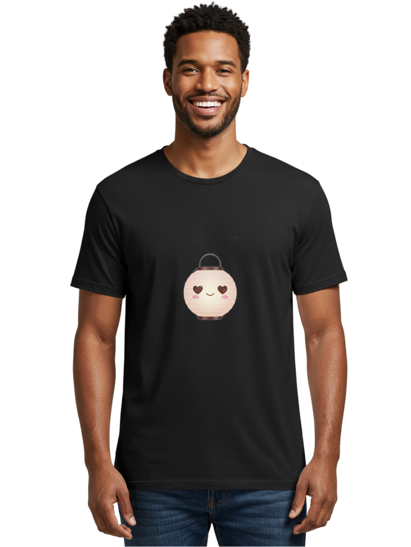 Paper-Lantern Men'S Graphic Tee, 100% Cotton, Comfortable Casual Summer Wear, Machine Washable, Paper Lantern With Heart-Shaped Eyes, Cartoon Style, Cute Expression, Pink Cheeks, Smiling Face, Kawaii Design, Love Symbol, Lantern Character Bad406