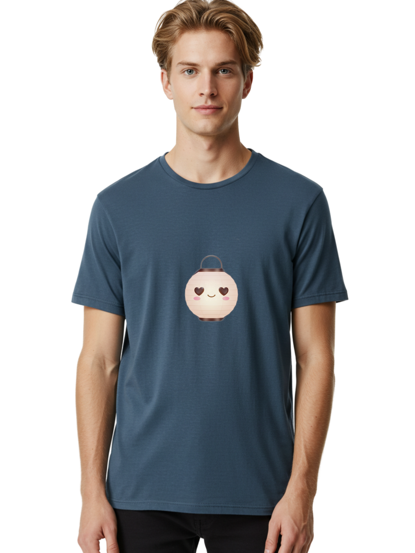 Paper-Lantern Men'S Graphic Tee, 100% Cotton, Comfortable Casual Summer Wear, Machine Washable, Paper Lantern With Heart-Shaped Eyes, Cartoon Style, Cute Expression, Pink Cheeks, Smiling Face, Kawaii Design, Love Symbol, Lantern Character Bad406