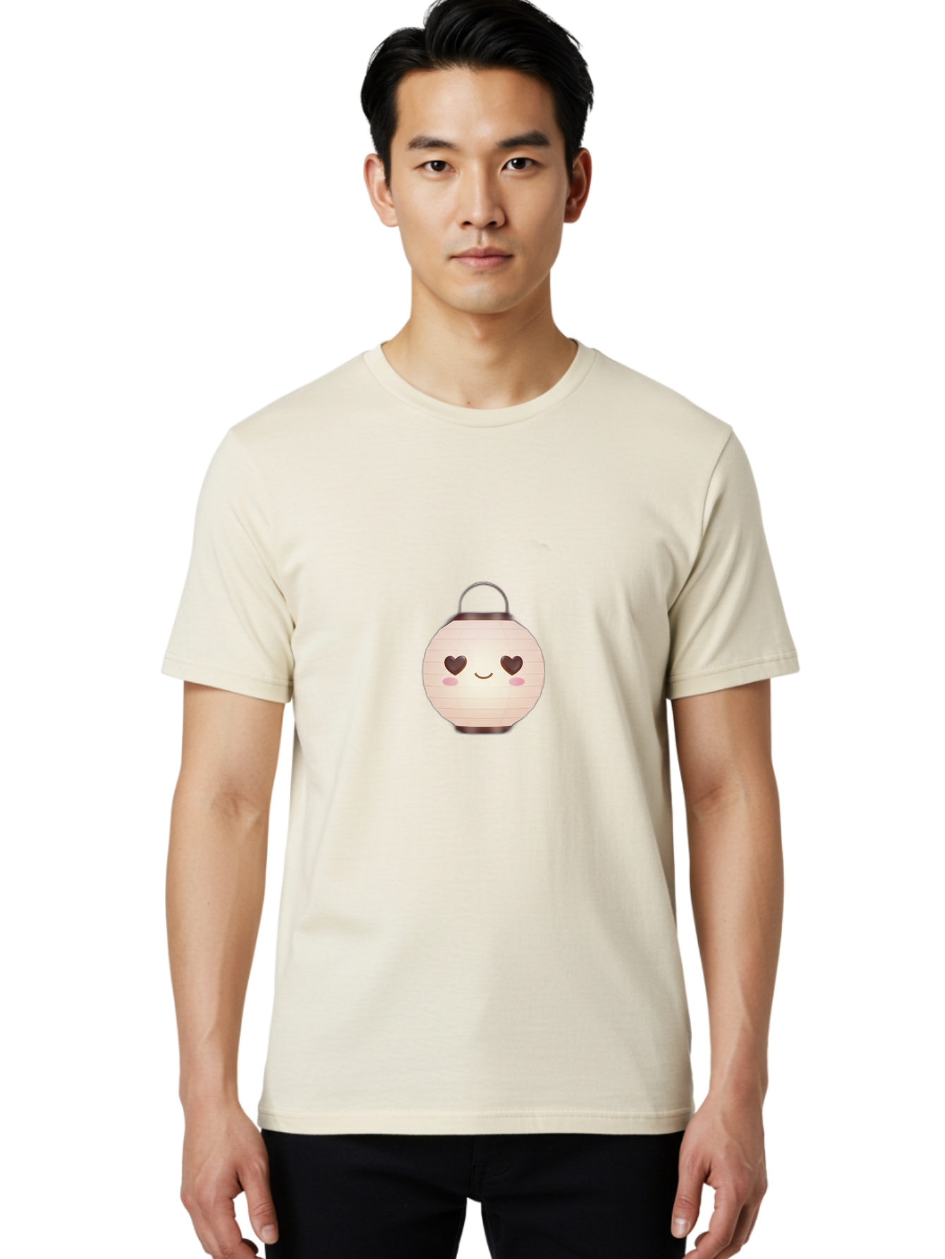 Paper-Lantern Men'S Graphic Tee, 100% Cotton, Comfortable Casual Summer Wear, Machine Washable, Paper Lantern With Heart-Shaped Eyes, Cartoon Style, Cute Expression, Pink Cheeks, Smiling Face, Kawaii Design, Love Symbol, Lantern Character Bad406