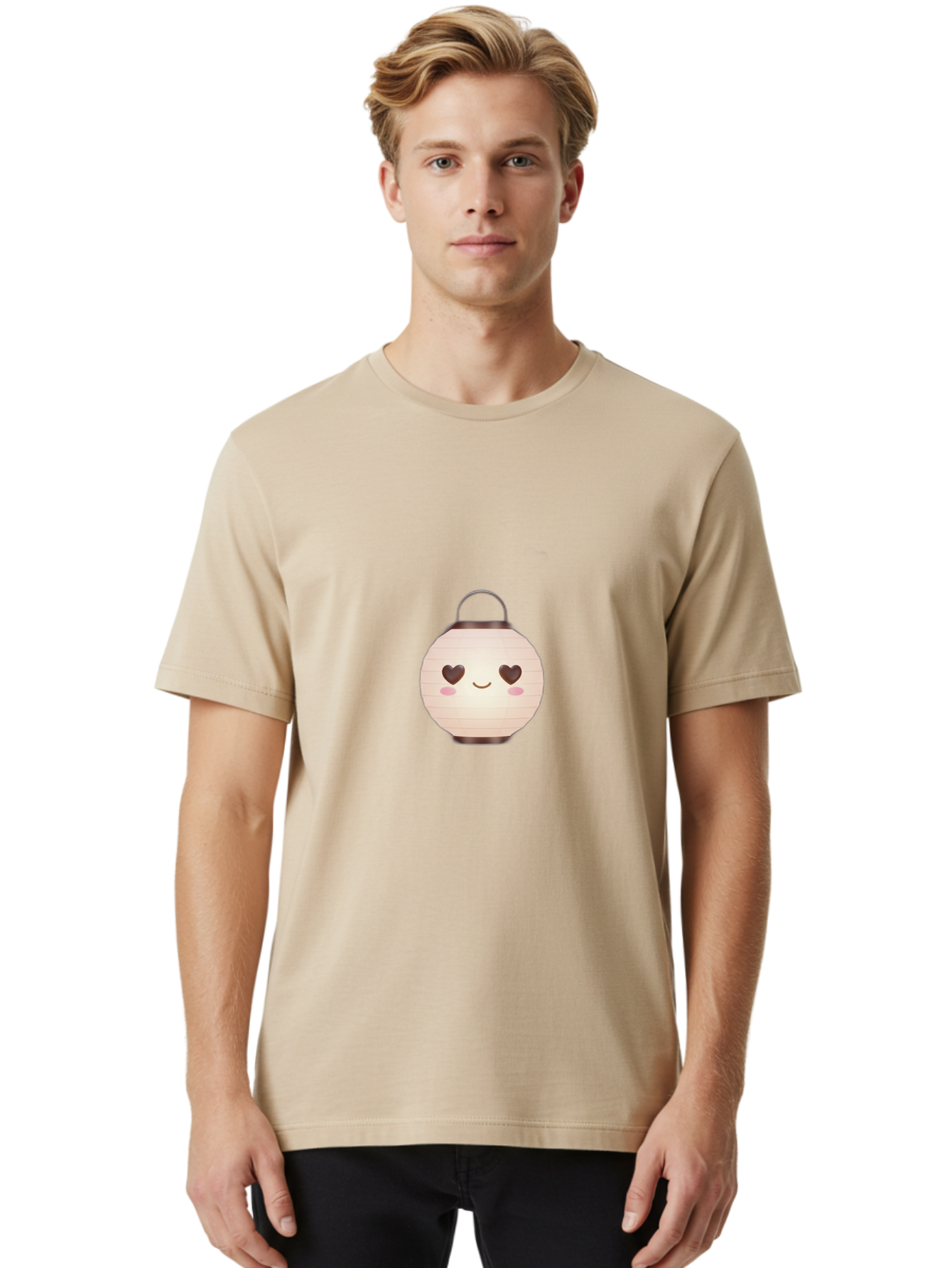 Paper-Lantern Men'S Graphic Tee, 100% Cotton, Comfortable Casual Summer Wear, Machine Washable, Paper Lantern With Heart-Shaped Eyes, Cartoon Style, Cute Expression, Pink Cheeks, Smiling Face, Kawaii Design, Love Symbol, Lantern Character Bad406