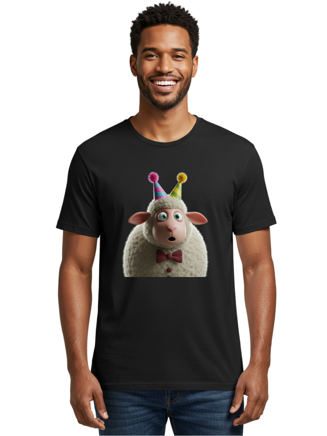 Party-Sheep Men'S Graphic Tee, 100% Cotton, Comfortable Casual Summer Wear, Machine Washable, Funny Sheep, Party Hat, Cute Animal, Surprised Expression, Cartoon Character, Festive Atmosphere, Humorous Illustration, Sheep Character, Bad408