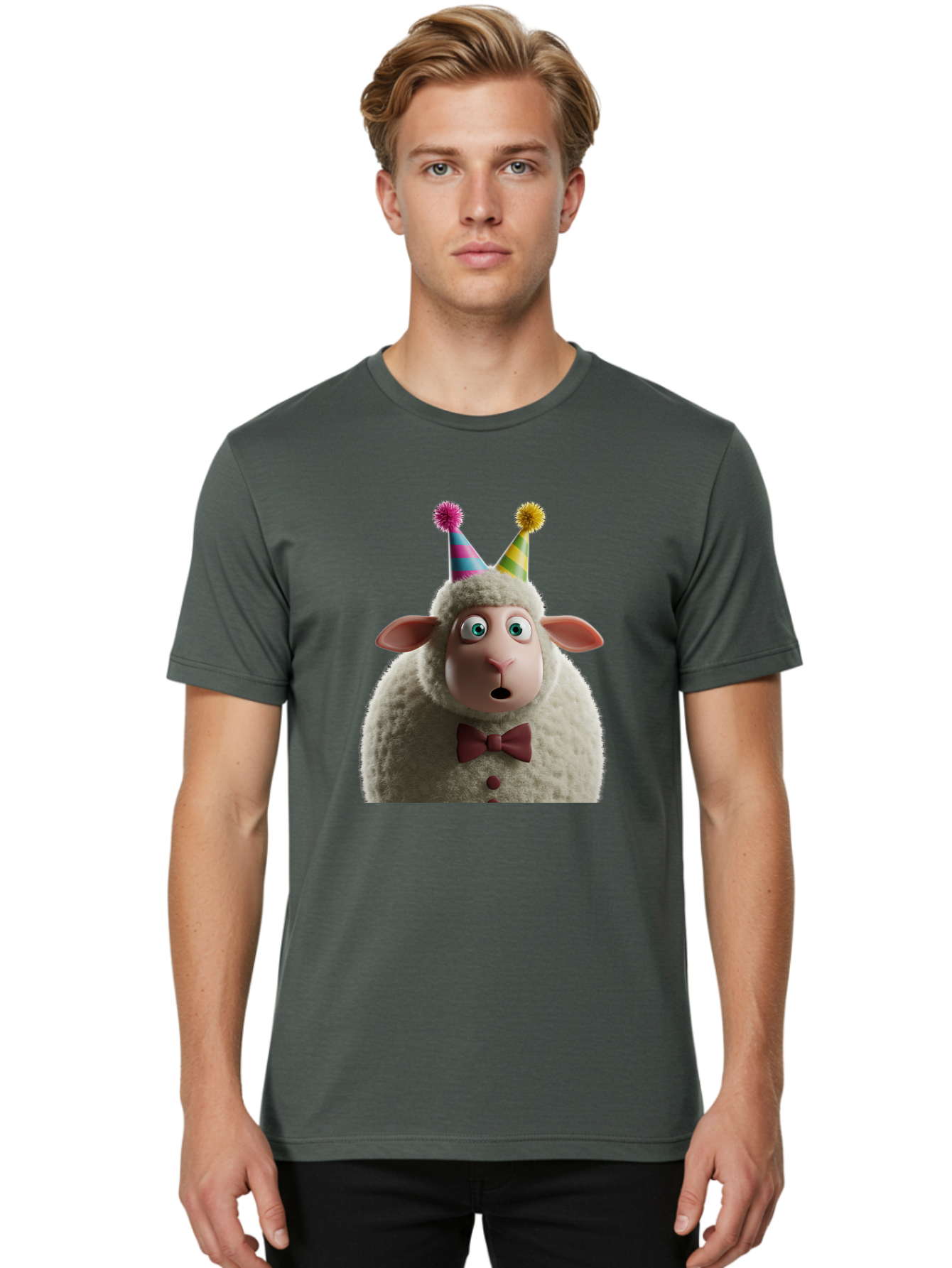 Party-Sheep Men'S Graphic Tee, 100% Cotton, Comfortable Casual Summer Wear, Machine Washable, Funny Sheep, Party Hat, Cute Animal, Surprised Expression, Cartoon Character, Festive Atmosphere, Humorous Illustration, Sheep Character, Bad408