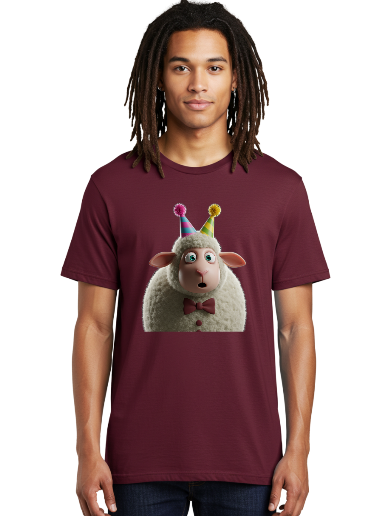 Party-Sheep Men'S Graphic Tee, 100% Cotton, Comfortable Casual Summer Wear, Machine Washable, Funny Sheep, Party Hat, Cute Animal, Surprised Expression, Cartoon Character, Festive Atmosphere, Humorous Illustration, Sheep Character, Bad408