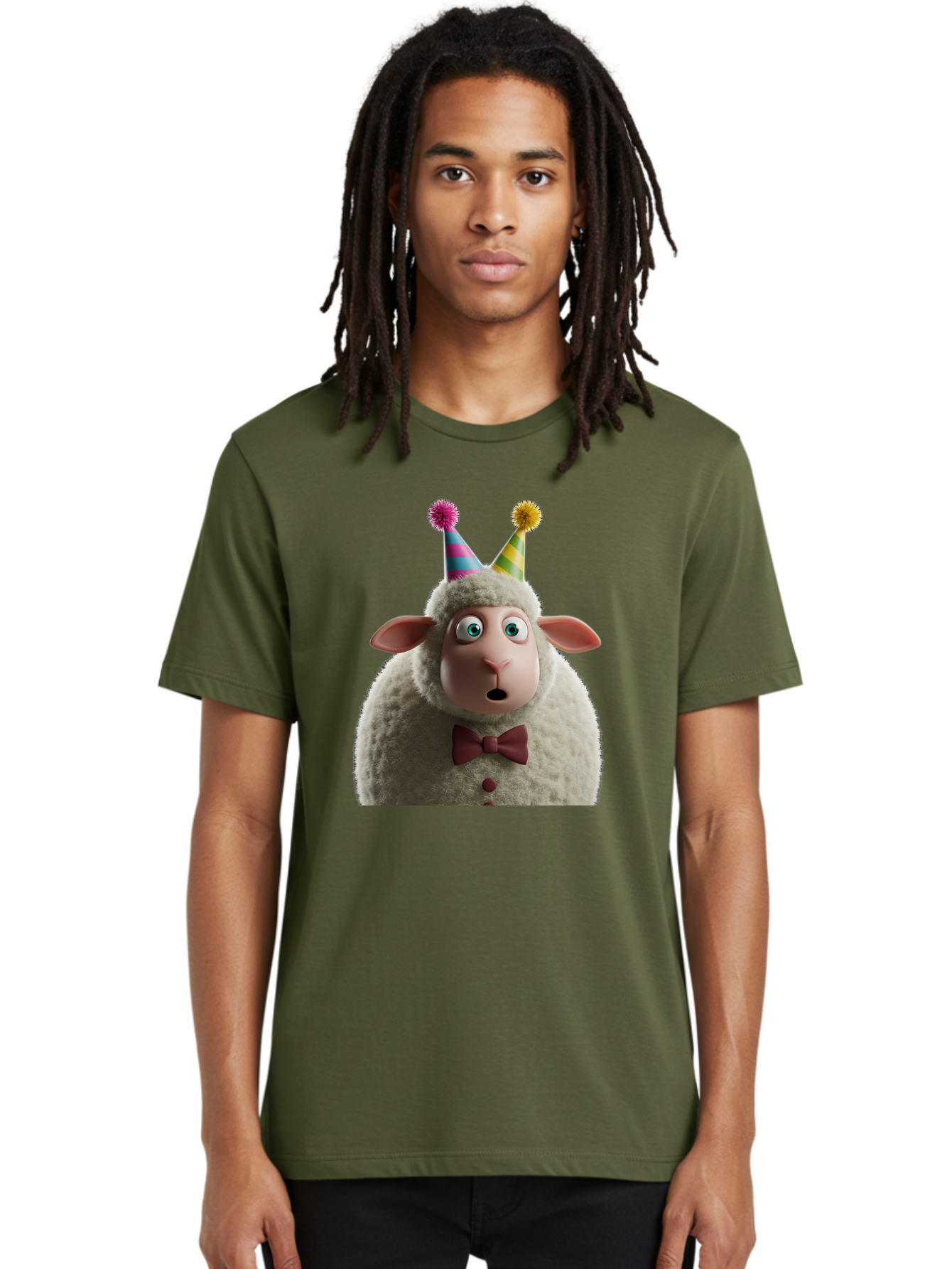Party-Sheep Men'S Graphic Tee, 100% Cotton, Comfortable Casual Summer Wear, Machine Washable, Funny Sheep, Party Hat, Cute Animal, Surprised Expression, Cartoon Character, Festive Atmosphere, Humorous Illustration, Sheep Character, Bad408
