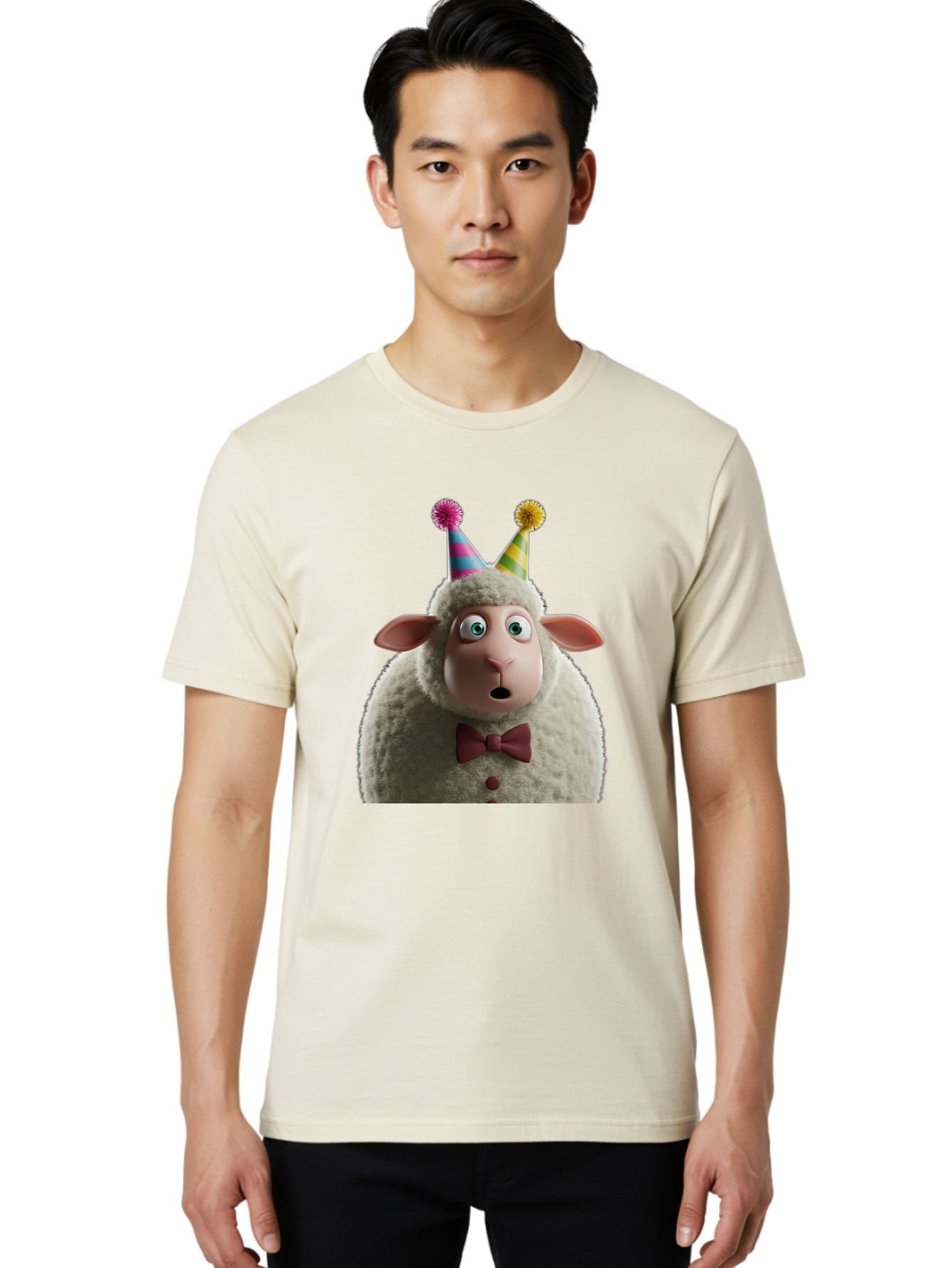 Party-Sheep Men'S Graphic Tee, 100% Cotton, Comfortable Casual Summer Wear, Machine Washable, Funny Sheep, Party Hat, Cute Animal, Surprised Expression, Cartoon Character, Festive Atmosphere, Humorous Illustration, Sheep Character, Bad408