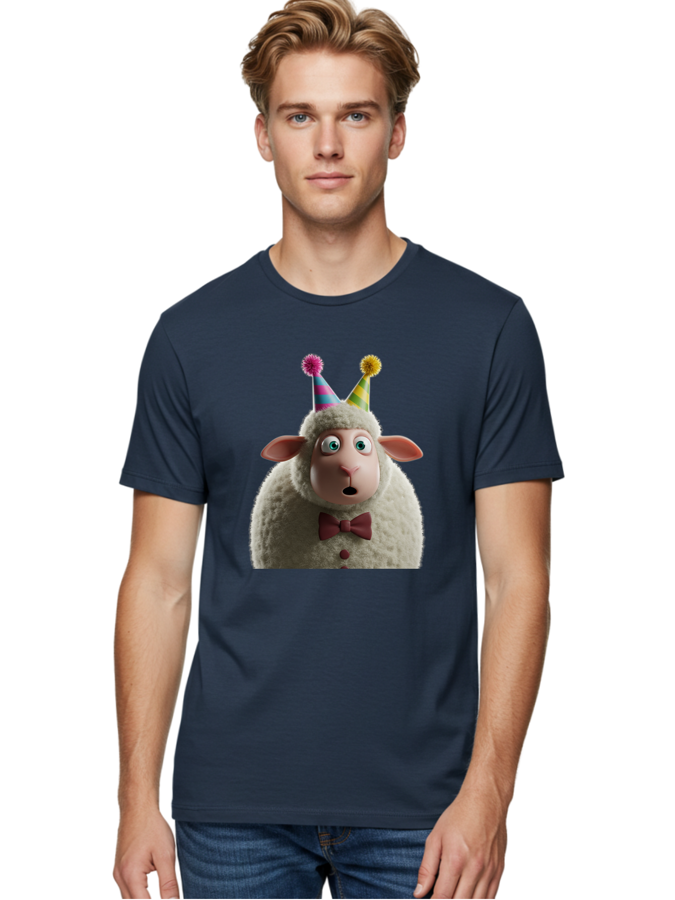 Party-Sheep Men'S Graphic Tee, 100% Cotton, Comfortable Casual Summer Wear, Machine Washable, Funny Sheep, Party Hat, Cute Animal, Surprised Expression, Cartoon Character, Festive Atmosphere, Humorous Illustration, Sheep Character, Bad408