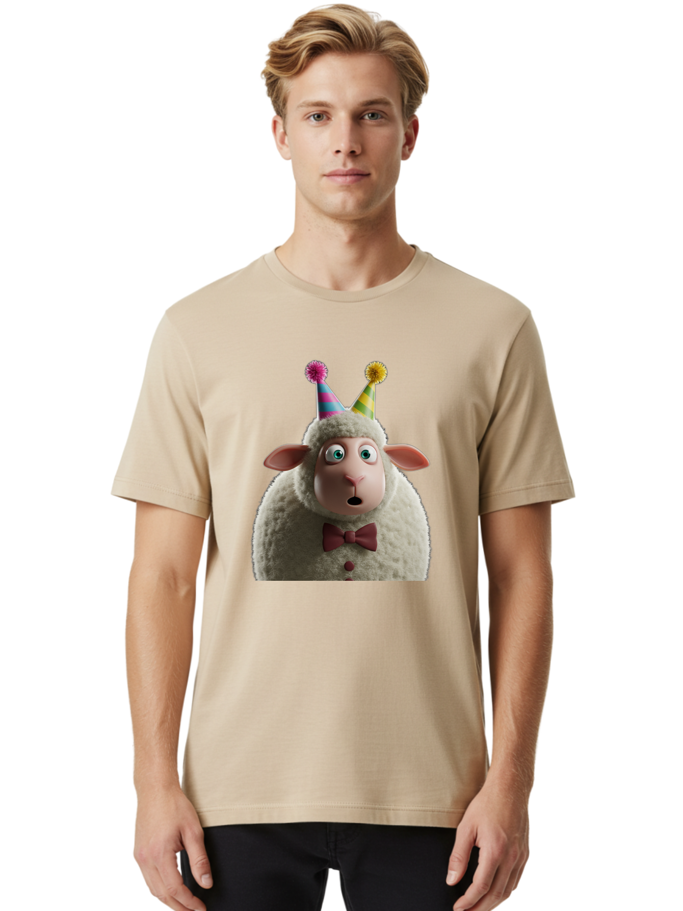 Party-Sheep Men'S Graphic Tee, 100% Cotton, Comfortable Casual Summer Wear, Machine Washable, Funny Sheep, Party Hat, Cute Animal, Surprised Expression, Cartoon Character, Festive Atmosphere, Humorous Illustration, Sheep Character, Bad408