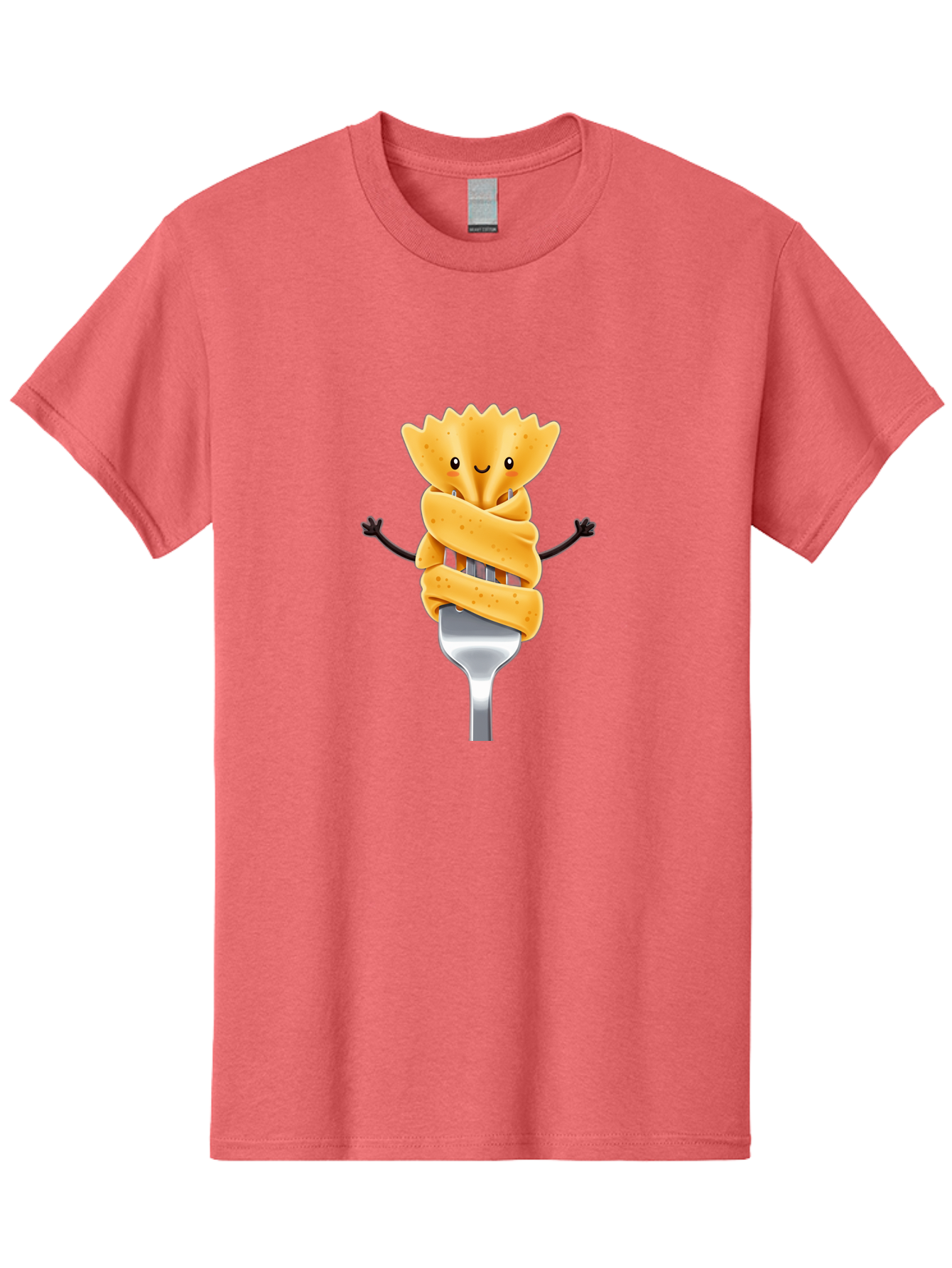 Pasta-Character Men'S Graphic Tee, 100% Cotton, Comfortable Casual Summer Wear, Machine Washable, Pasta On A Fork, Cartoon Character, Happy Expression, Fork Prongs, Pasta Wrapping, Playful Food, Whimsical Illustration, Fun Mealtime, Bad409
