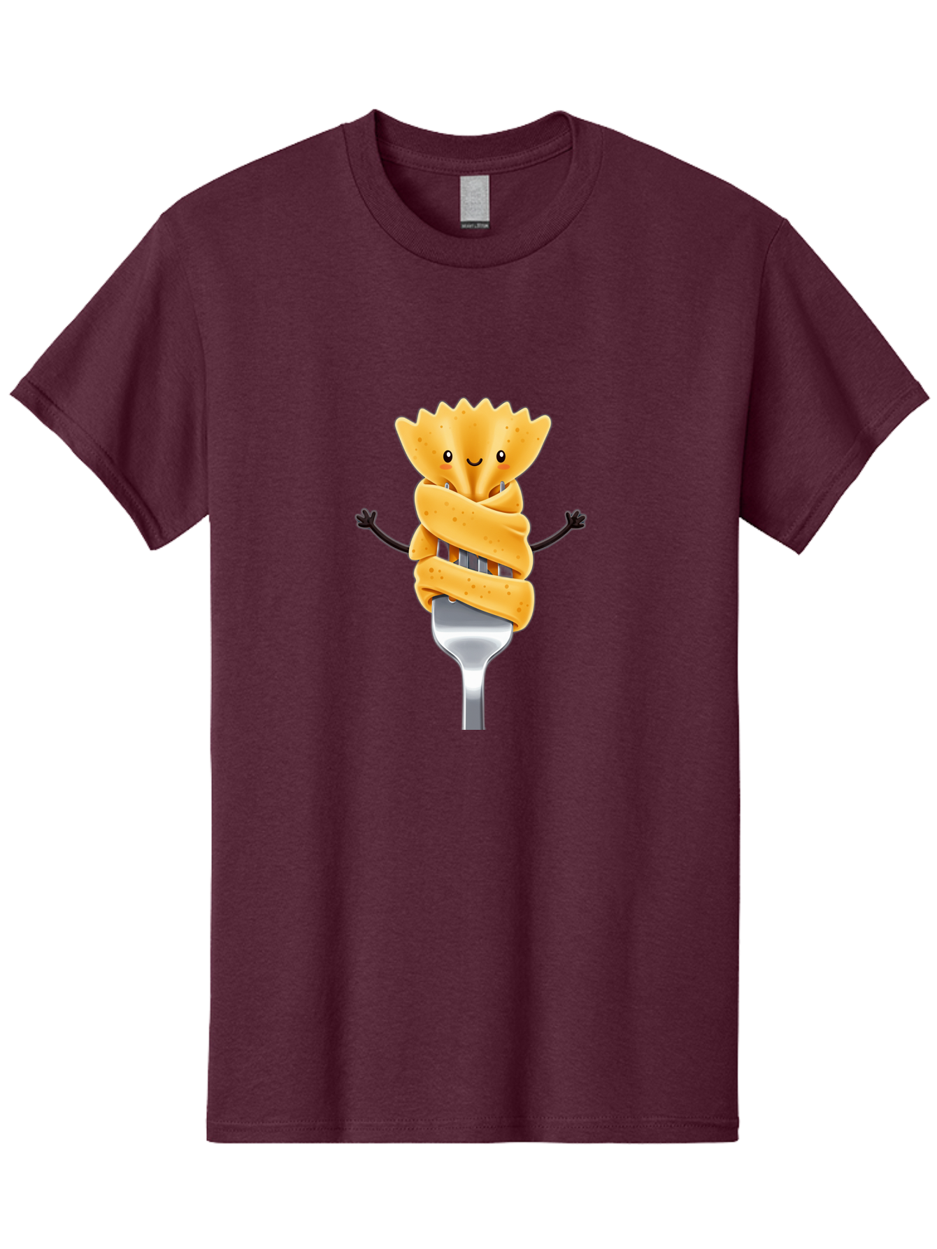 Pasta-Character Men'S Graphic Tee, 100% Cotton, Comfortable Casual Summer Wear, Machine Washable, Pasta On A Fork, Cartoon Character, Happy Expression, Fork Prongs, Pasta Wrapping, Playful Food, Whimsical Illustration, Fun Mealtime, Bad409