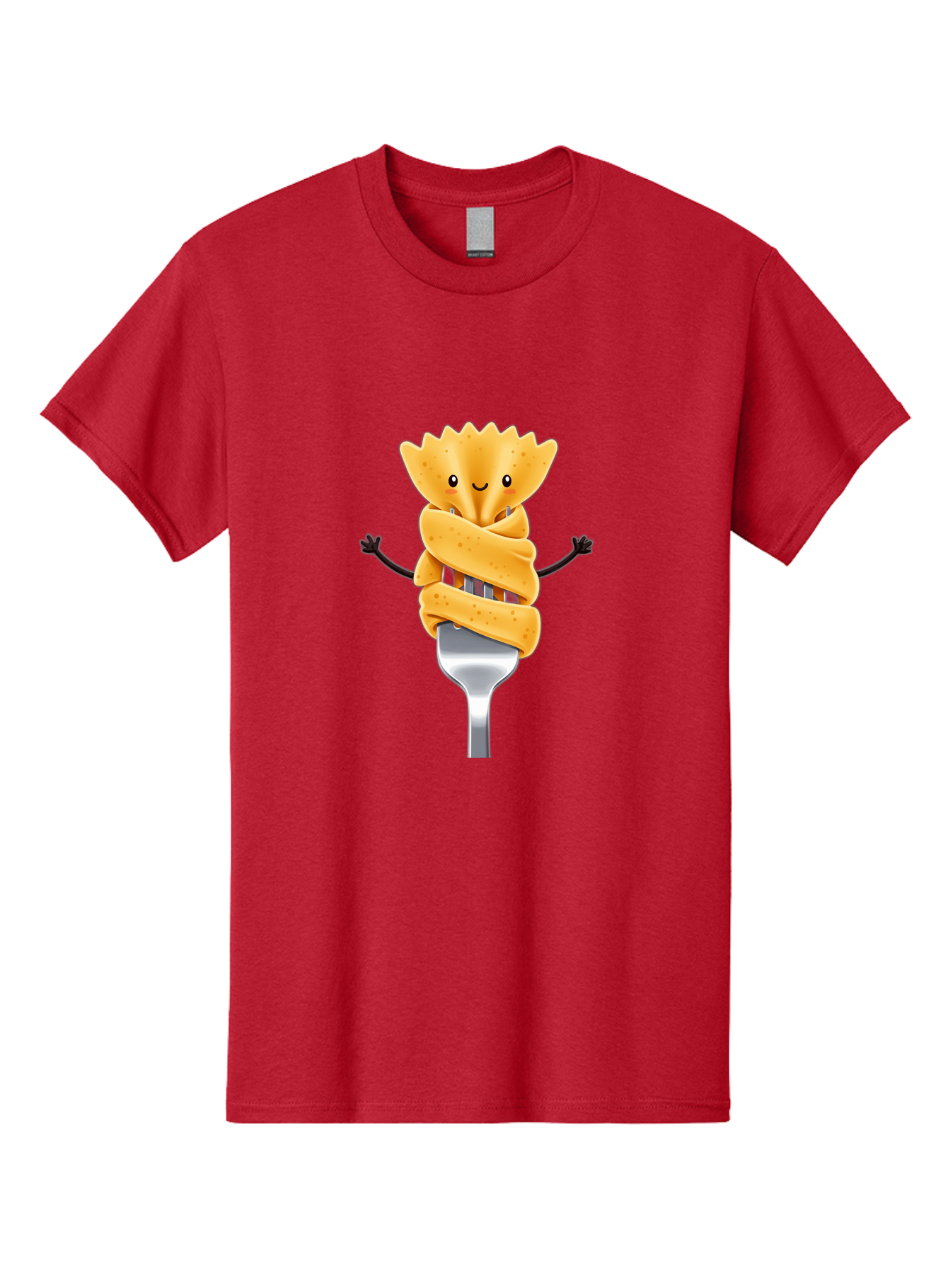 Pasta-Character Men'S Graphic Tee, 100% Cotton, Comfortable Casual Summer Wear, Machine Washable, Pasta On A Fork, Cartoon Character, Happy Expression, Fork Prongs, Pasta Wrapping, Playful Food, Whimsical Illustration, Fun Mealtime, Bad409