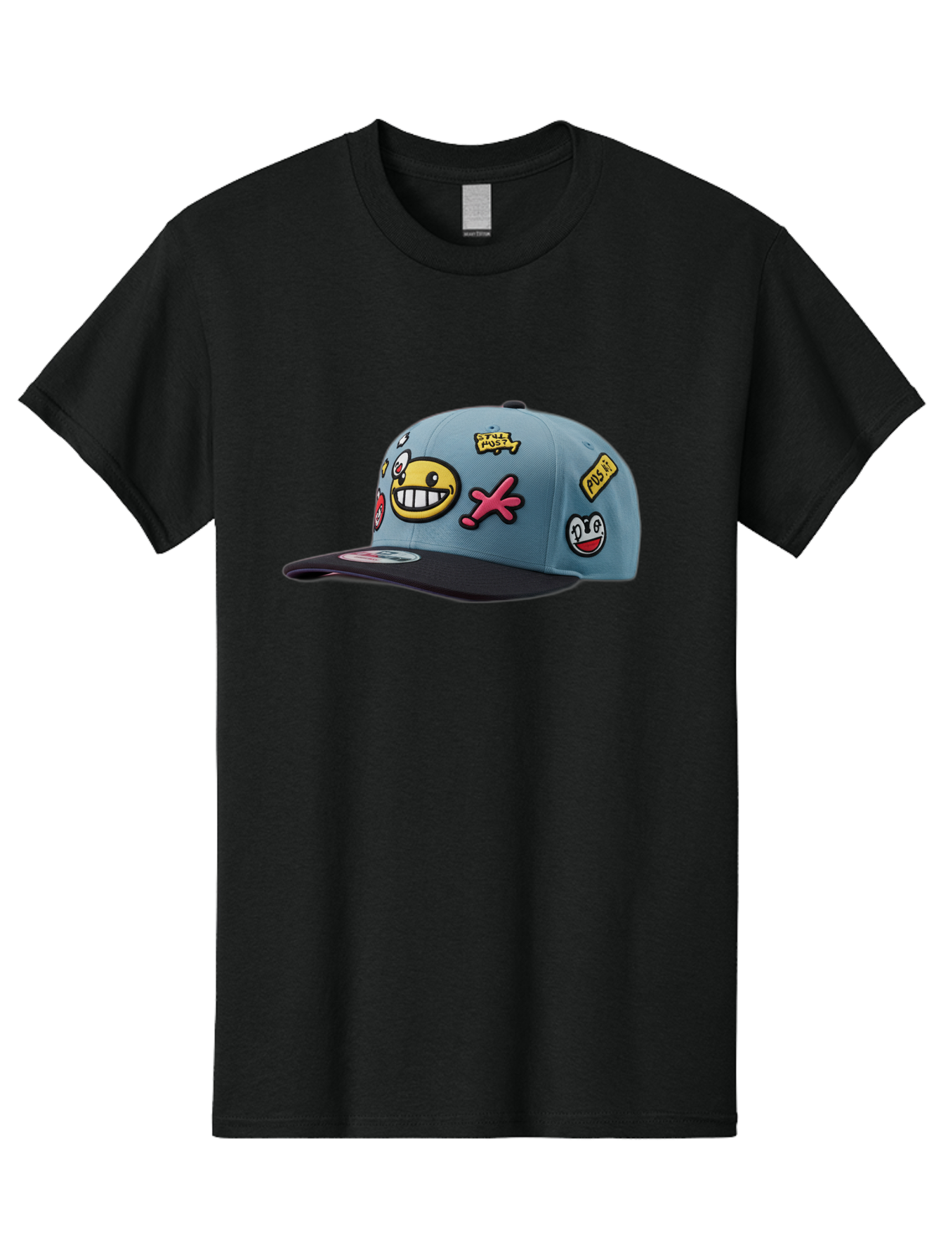 Pawz Men'S Graphic Tee, 100% Cotton, Comfortable Casual Summer Wear, Machine Washable, Streetwear Baseball Cap, Paul G Patches, Cartoon Smiley Face, Fashion Accessory, Street Style, Youth Culture, Graphic Design Bad410