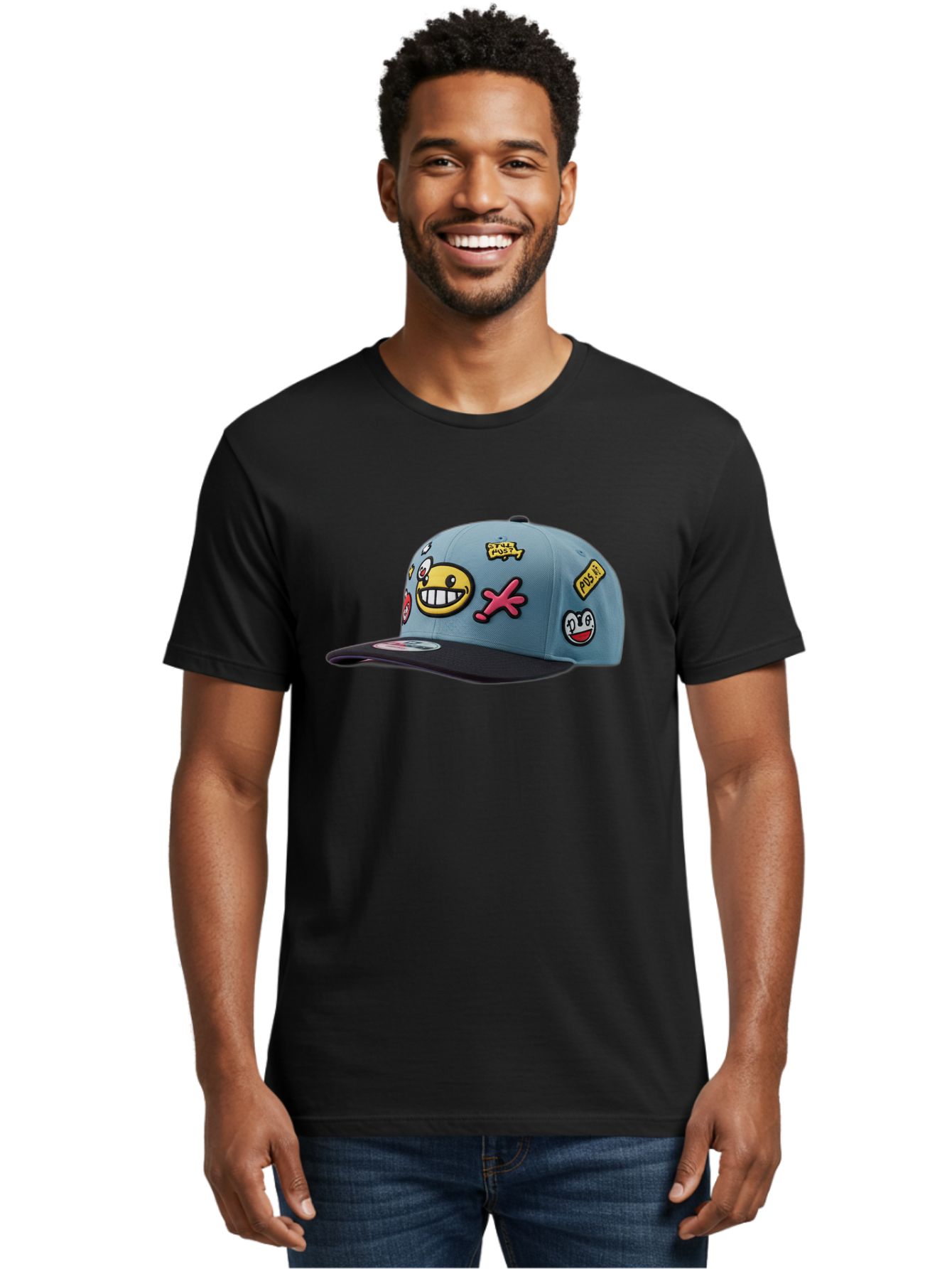 Pawz Men'S Graphic Tee, 100% Cotton, Comfortable Casual Summer Wear, Machine Washable, Streetwear Baseball Cap, Paul G Patches, Cartoon Smiley Face, Fashion Accessory, Street Style, Youth Culture, Graphic Design Bad410